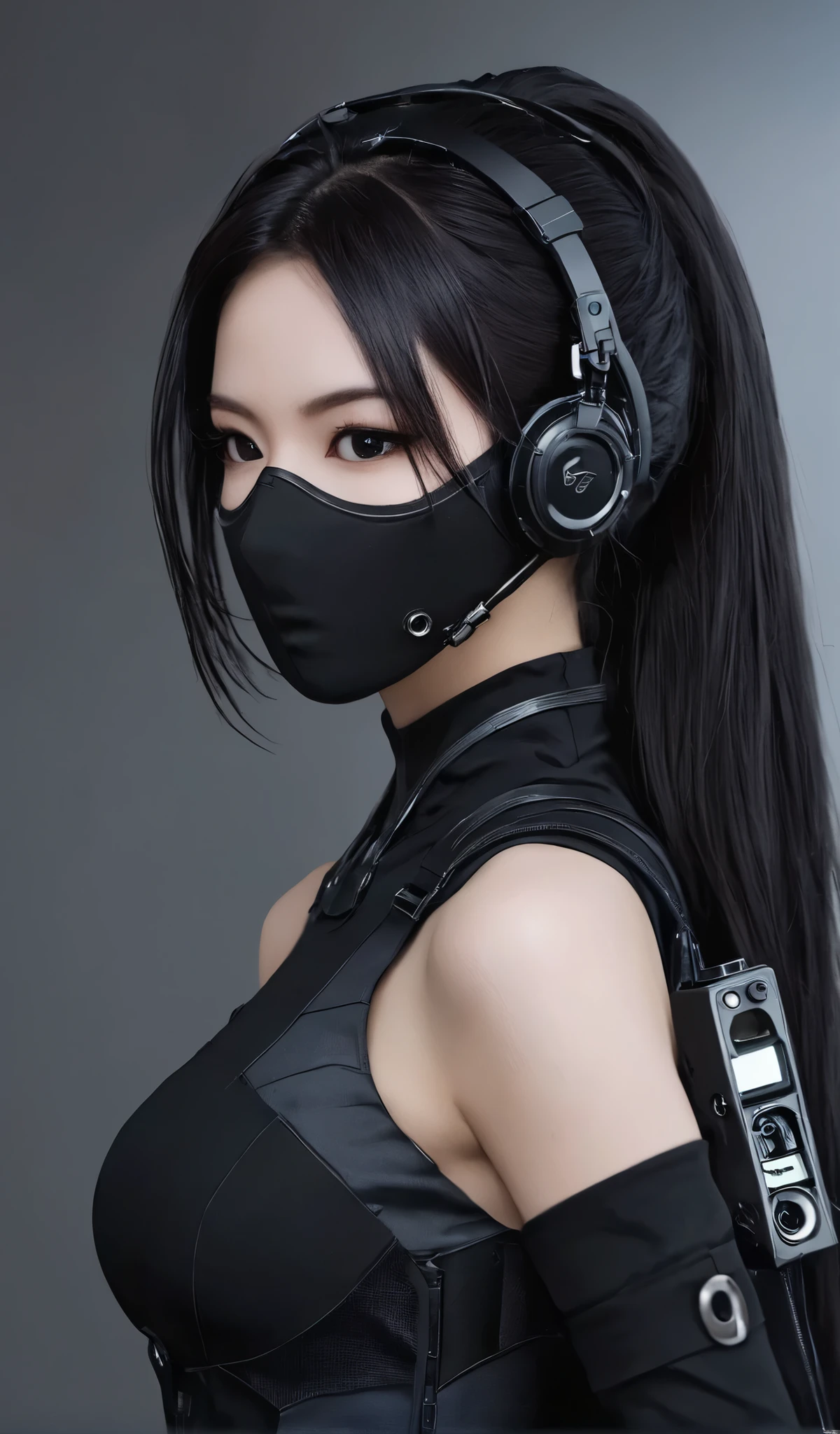 Woman in black with mask and all black cyberpunk clothes, wearing tech outfit and armor, photo of a woman in tech gear, dark sci-fi outfit, cyberpunk outfit, female assassin, futuristic tech costume, cyberpunk fashion clothes, jet black hair cyberpunk girl, cyberpunk clothes, cyberpunk outfit, tech fashion, in dark and light space soldier costume