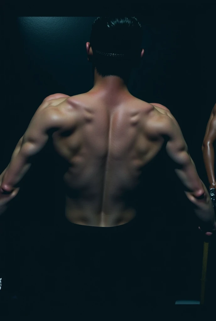 Two handsome men with beautiful face, slim shirtless, wearing black pants, dancing against the wall, playing beautiful music