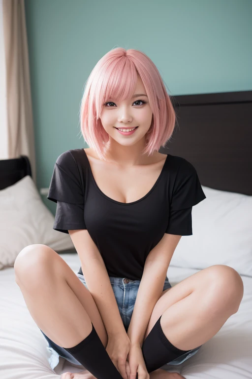 (spread legs, legs up :1.3),(Pink Hair :1.3),Studio Light, Depth of written boundary, thin, cute顔, smile, Beautiful details in the eyes, 19 year old Japanese, cute, voluminous curled hair, Plaza, casual