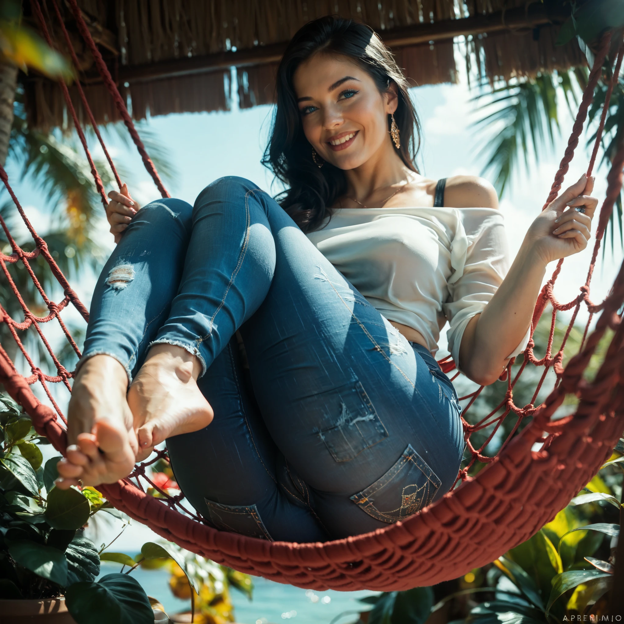 araffe woman laying in a hammock in a backyard, relaxed pose, relaxing and smiling at camera, beautiful angle, very very realistic, very comfy, very realistic, valentina remenar, casual pose, relaxed, relaxing after a hard day, beautiful image, thick legs, very very very realistic, ekaterina, very comfy], extremely realistic, relaxing