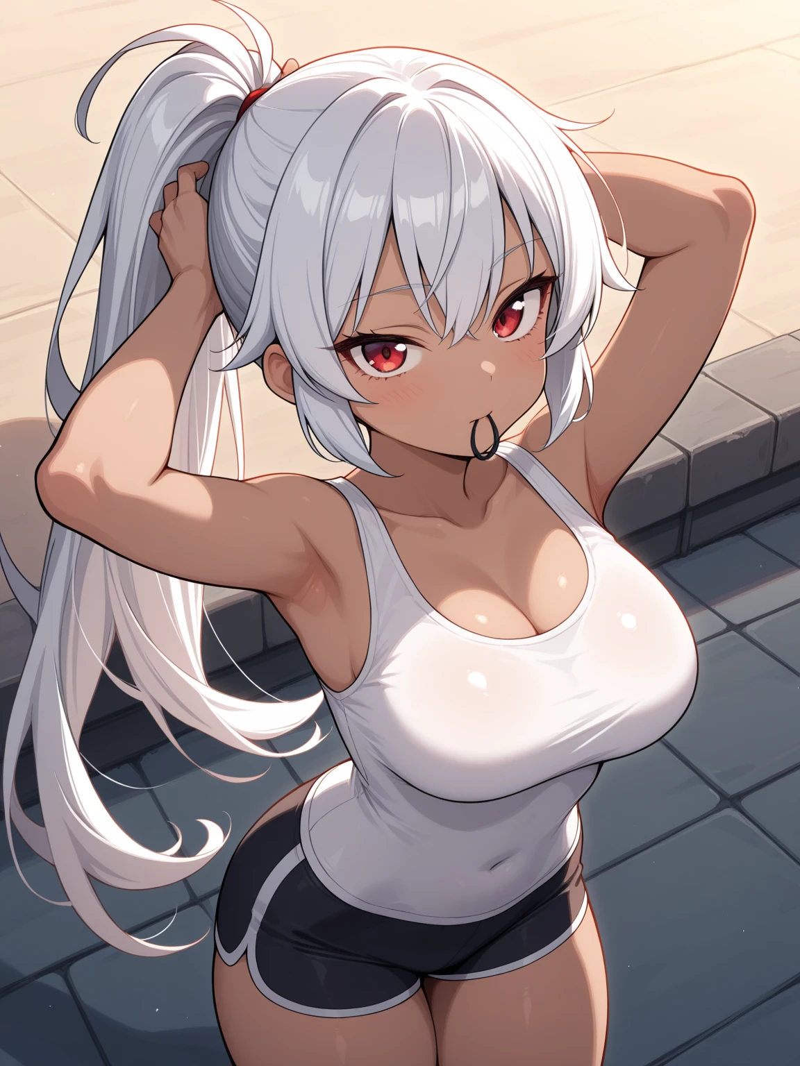 (Pure and minimalist black background),(The girl has red eyes and white hair, Large big tits, 乳頭, Breast coverage, sport underwear, sweat shorts, A distant vista),(Tsundere sexy and energetic style)