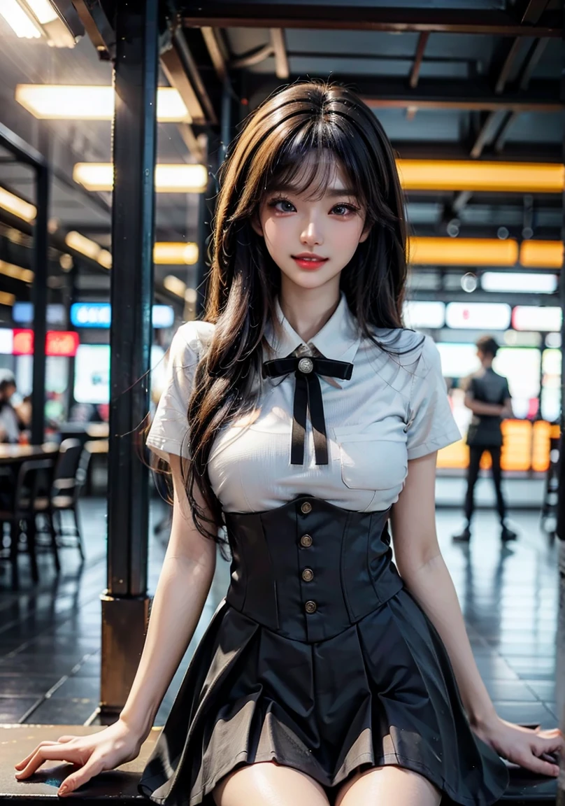 1girl,standing,cowboy shot,corset,plaid skirt,outdoors,night,city lights,ultra realistic 8k cg,picture-perfect face,flawless,clean,masterpiece,best quality,professional artwork,famous artwork,cinematic lighting,cinematic bloom,<lora:corset_plaid_skirt_sc:0.6>,