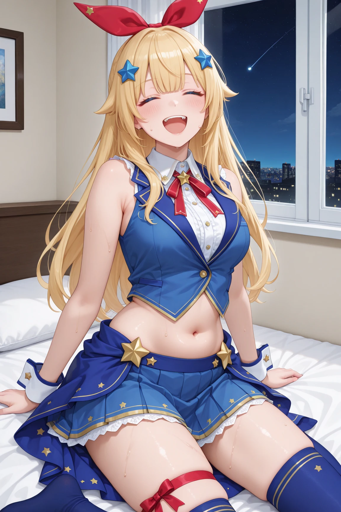 aikatsu,(RED Ribbon on HAIRband:1.2),top-quality、Super detailed anime、ultra-detailliert、masterpiece、tre anatomically correct、Shiny buttocks、(Buttocks with presence)、blond-hair、gals、long lashes、cute gal、Shy face、red blush、Rough breath、aroused、agitation、10-year-old High School Girl、hotel、bedroom、night、Big_ass、Backshots、school uniform、Pleated miniskirt、(pink side tie Thong:1.2)、black stocking、(bent down、arched back、top-down)、Crotch wet with mucus、Angle from above,,