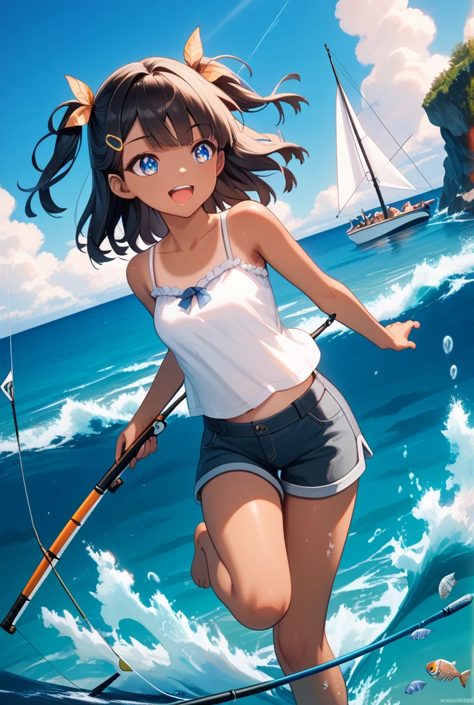 score_9, score_8_up, score_7_up, source_anime, best quality, masterpiece,official art, absurdres, highres, waifu2x,Collection: Slice of Life,break,1girl, tomboy, dark-skinned female, short hair, low ponytail, flat chest,  beautiful detailed eyes, swimsuit, fishing, sweat, open mouth, (yawn:0.3),  sleepily, outdoors, ocean, break,(clear line illustration:1.2),very high resolution, very aesthetic, super detailed skin, Best sexual lighting powered by famous artist, 8k,cute picture,beauty illustration,photoshop_(medium),,(Detailed Lighting)
