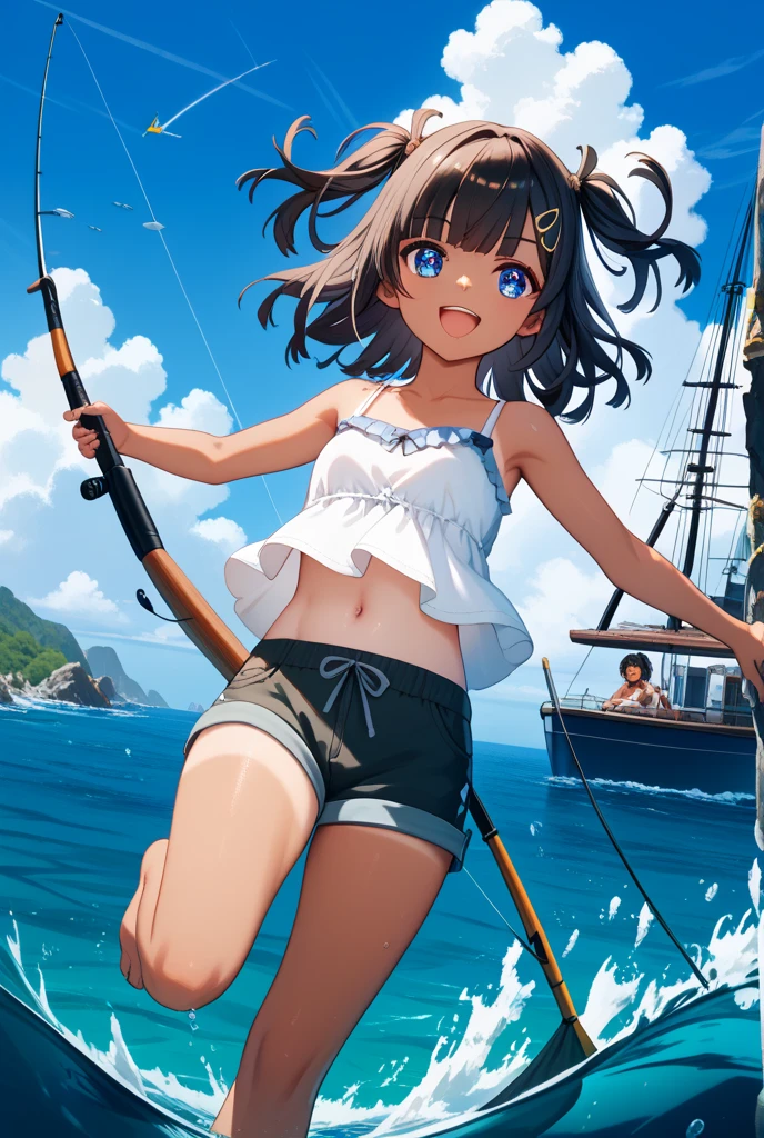 score_9, score_8_up, score_7_up, source_anime, best quality, masterpiece,official art, absurdres, highres, waifu2x,Collection: Slice of Life,break,1girl, tomboy, dark-skinned female, short hair, low ponytail, flat chest, beautiful detailed eyes, swimsuit, fishing, fishing rod, sweat, open mouth, (yawn:0.3), sleepily, outdoors, ocean, break,(clear line illustration:1.2),very high resolution, very aesthetic, super detailed skin, Best sexual lighting powered by famous artist, 8k,cute picture,beauty illustration,photoshop_(medium),,(Detailed Lighting)