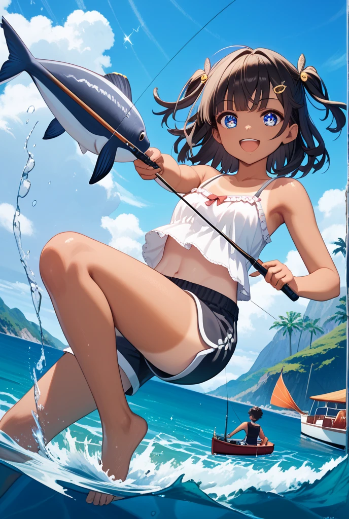 score_9, score_8_up, score_7_up, source_anime, best quality, masterpiece,official art, absurdres, highres, waifu2x,Collection: Slice of Life,break,1girl, tomboy, dark-skinned female, short hair, low ponytail, flat chest, beautiful detailed eyes, swimsuit, fishing, fishing rod, sweat, open mouth, (yawn:0.3), sleepily, outdoors, ocean, break,(clear line illustration:1.2),very high resolution, very aesthetic, super detailed skin, Best sexual lighting powered by famous artist, 8k,cute picture,beauty illustration,photoshop_(medium),,(Detailed Lighting)