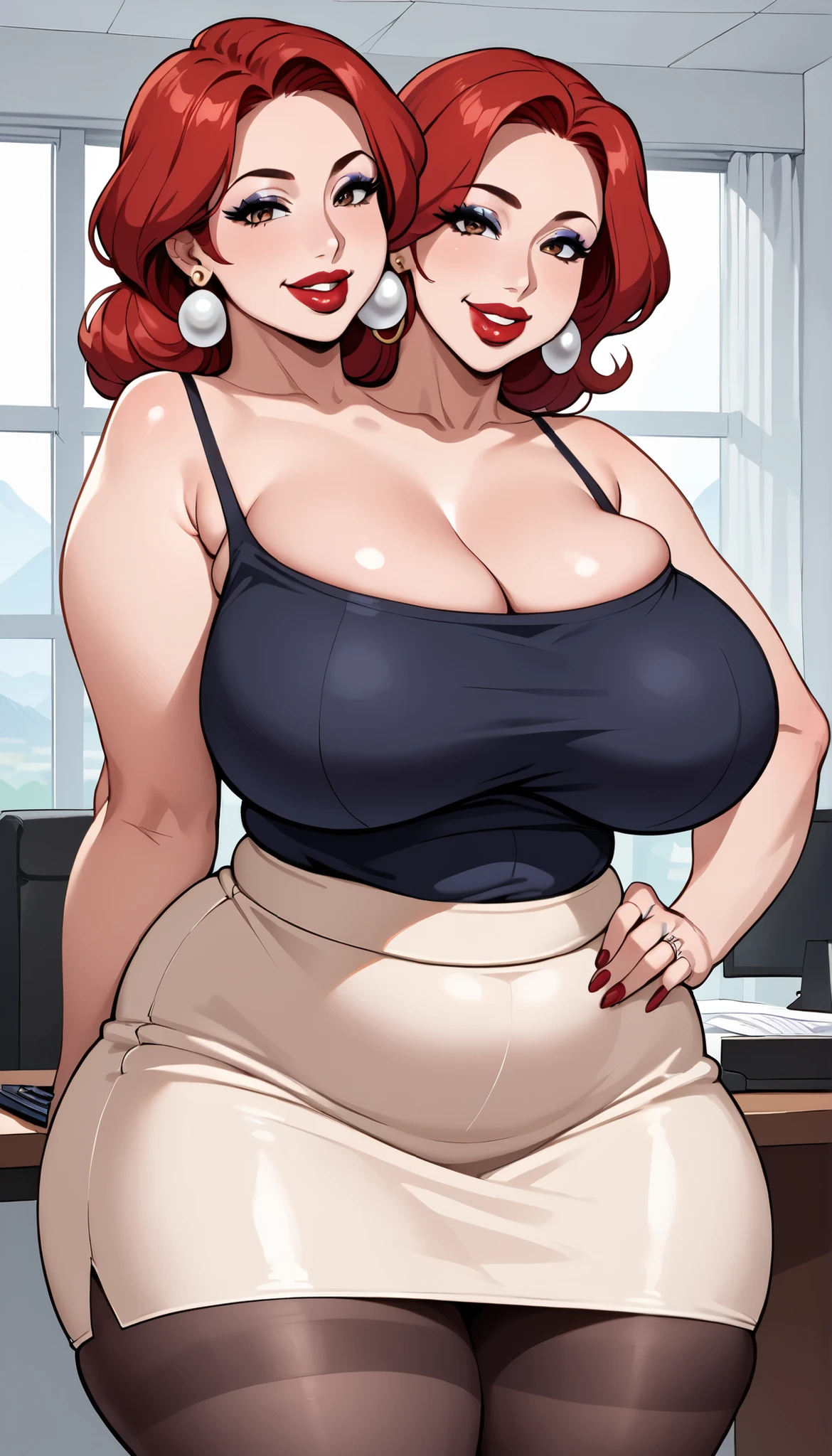 ((thick body mature women age 35 American milf super model)) 2women, study couch, topless apron and panties, (((lift skirt show panties, standing, surprised happy expression, multiple manga panels, panels of panties spread legs))), high heels
