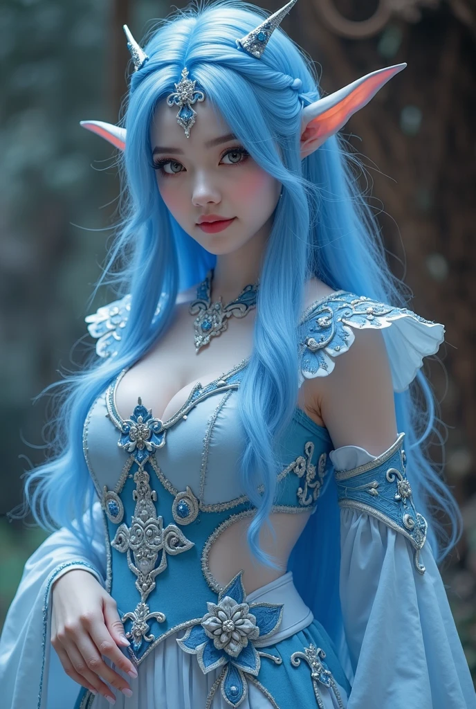 Solitary,1 Elf Queen, Grandriel, Young woman, 20 years old, Light blue eyes, White eyebrows, White eyelashes, killer legs, killer body, Vibrant colors, Detailed scenery, Detailed hair, delicate eyes, Detailed facial features, Silver Hair, asymmetrical hair, hair behind ears, long hair, very long hair, expressive hair, absurdly long hair, Mio, crown, long pointed ears, Vibrant colors, masterpiece, Anatomically correct, Textured Skin, Super Detail, best quality , Practical