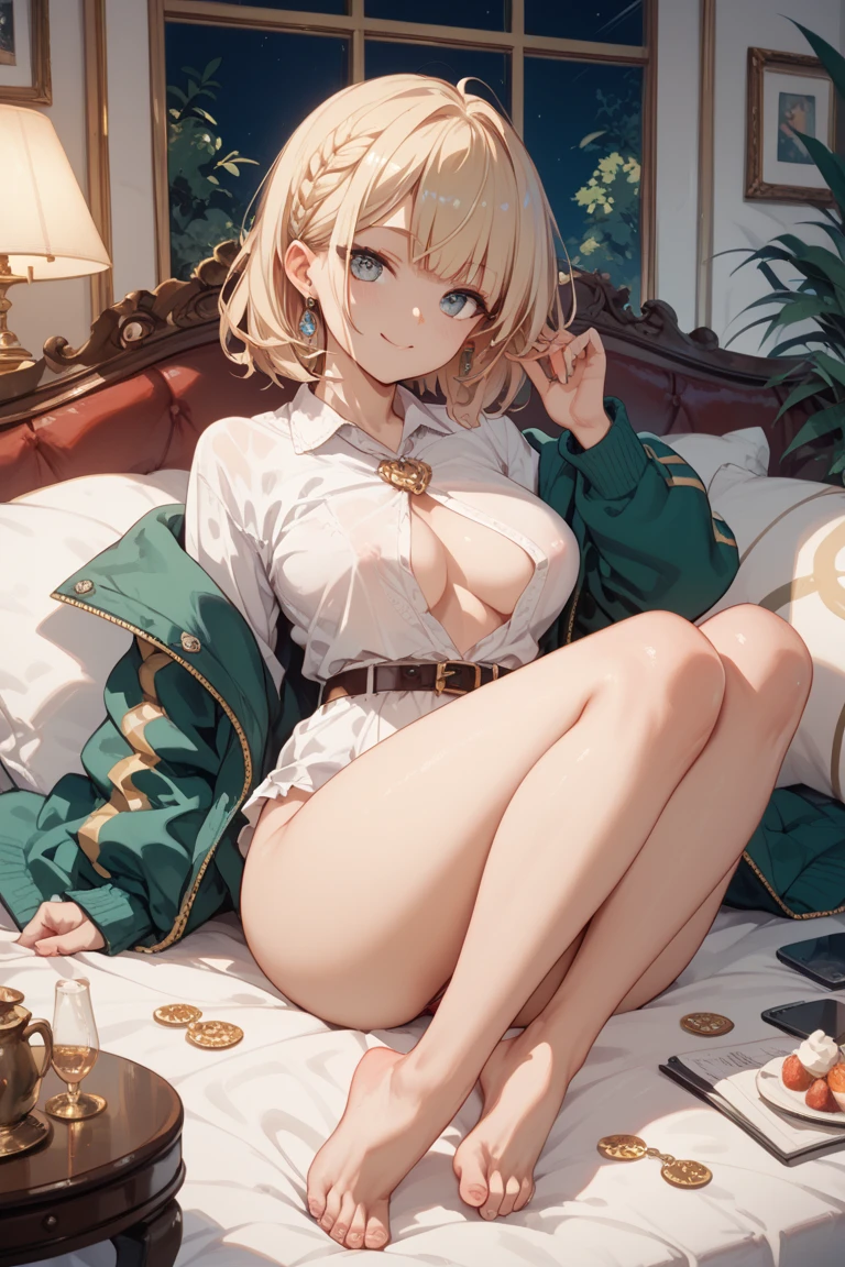 masterpiece, best quality, 1 solo girl, white hair, green eyes, short hair, medium breasts, sexy body and face, wavy hair, smile, sleeveless shirt, scarf, black thigh-high, mini skirt, pendant, bracelet, jewelry, earrings, feather hair ornament, book, lying at the bed, night, sexy pose, cowboy shots, detailed body, face, and eyes, sharp focus, vibrant, creative, dynamic, high definition, high resolution, 8k, (Upscale: R-ESRGAN 4x+ Anime6mage enchance:4x), voluptuous body, cinema lightning, dakimakura style, looking at the viewer, hairband