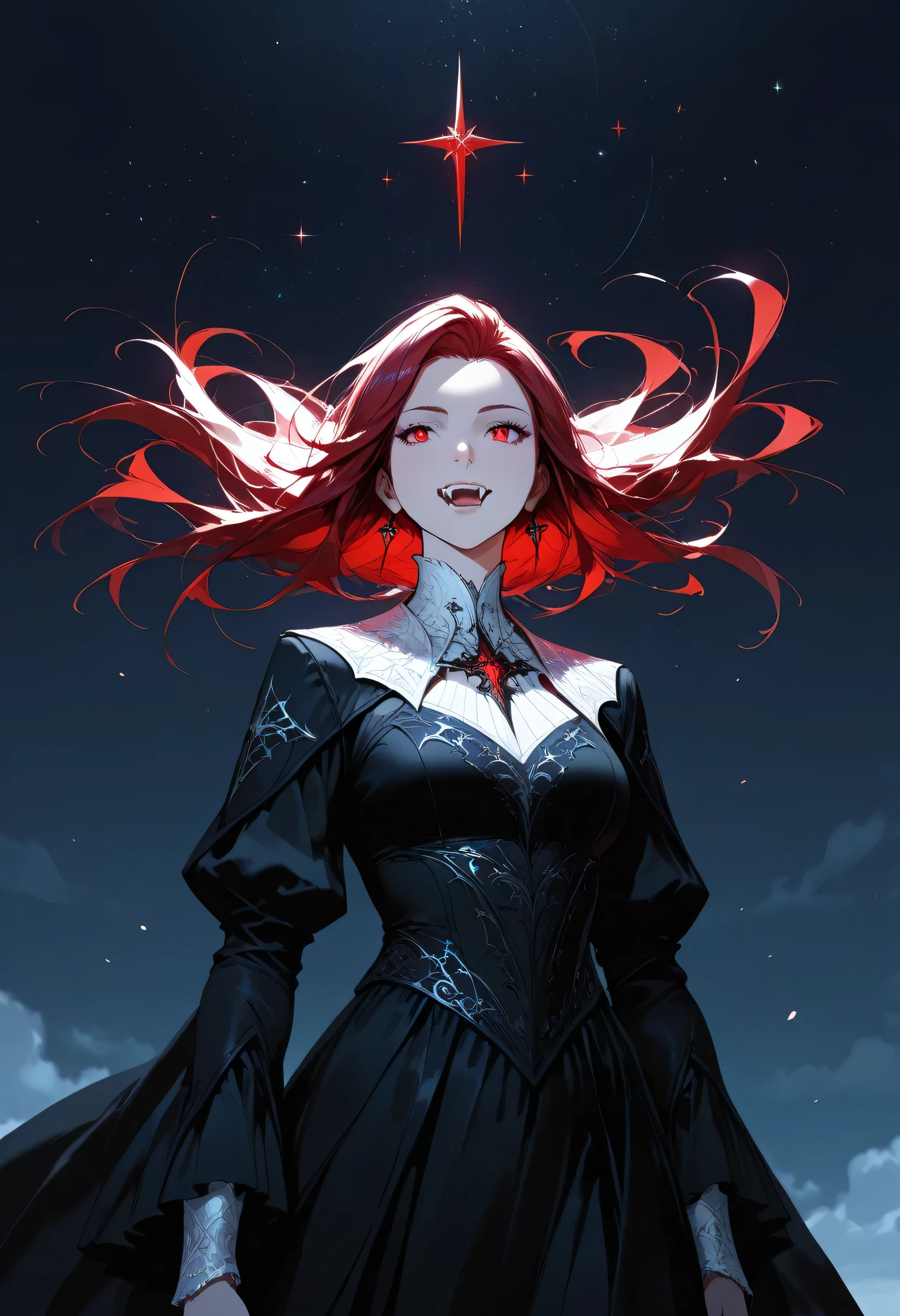 a wide shot picture of a young female vampire looking into the infinite stars in the night sky the stars are reflected in her eyes, a beautiful mature female vampire, dynamic hair color, dynamic skin complexion, wearing dynamic dress, looking into the stars, the stars are reflected in her red eyes, night sky, many, many shining stars, various colors stars,  vibrant, Ultra-high resolution, High Contrast, (masterpiece), highest quality, Best aesthetics), best details, best quality, highres, 16k, [ultra detailed], masterpiece, best quality, (extremely detailed), fantasy, vampire, fangs