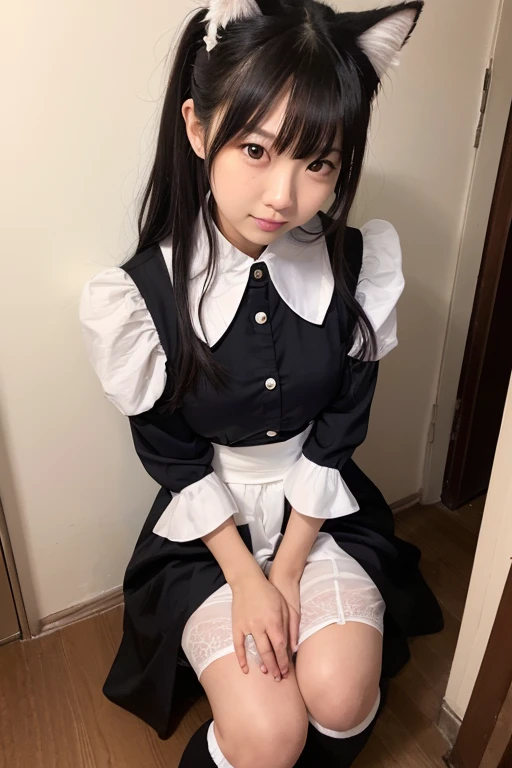 A young, plump Japanese girl with droopy eyes and a nasty make-up shows off her body with a provocative smile。Sweat。Dynamic Lighting,Highest quality,8K,masterpiece,Ultra-high resolution,Photorealistic,RAW shooting,Ultra-Realistic Capture,Beautiful and detailed eyes。Born in 2006。One piece skirt。Thighs。Darkened armpits。Bob Hair