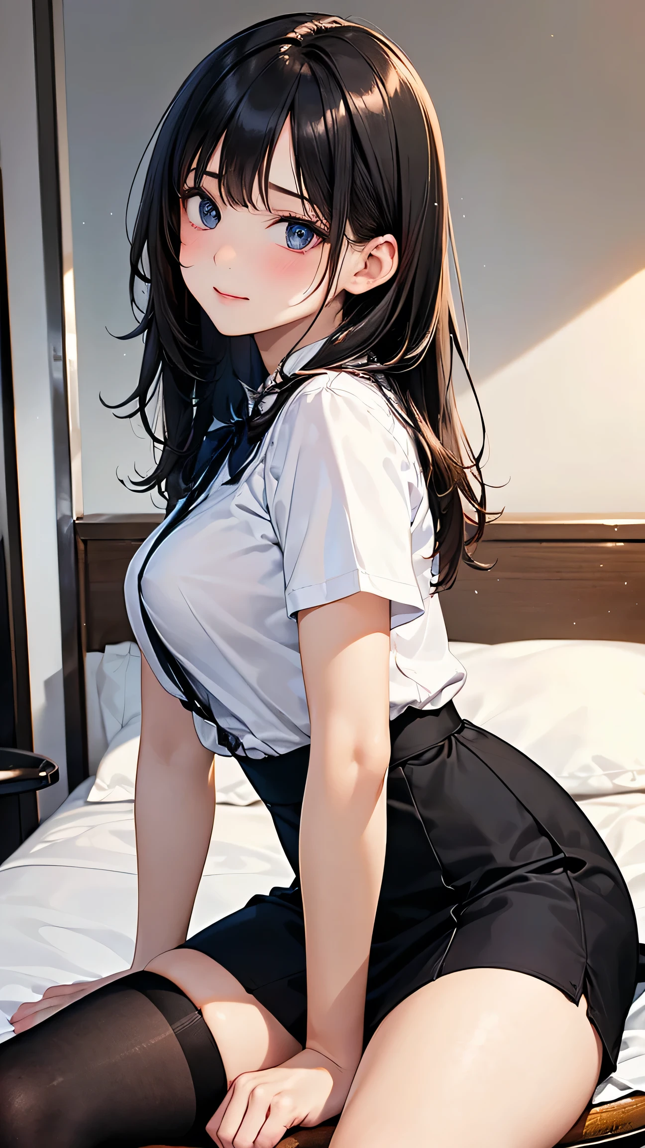 Digital Art, Digital Illustration, Ultra-detailed, beautiful image, Sharp Image, a close up of a woman in a short skirt and a black t-shirtr, shirt tucked into skirt, nylon tights, trending at cgstation, anime barbie doll, sweater tucked into skirt, trending on cgstation, anime vtuber full body model, ((black hair color)),((dark tanned skin)), (((golden eyes))), (16 years old), (round breasts), on bed