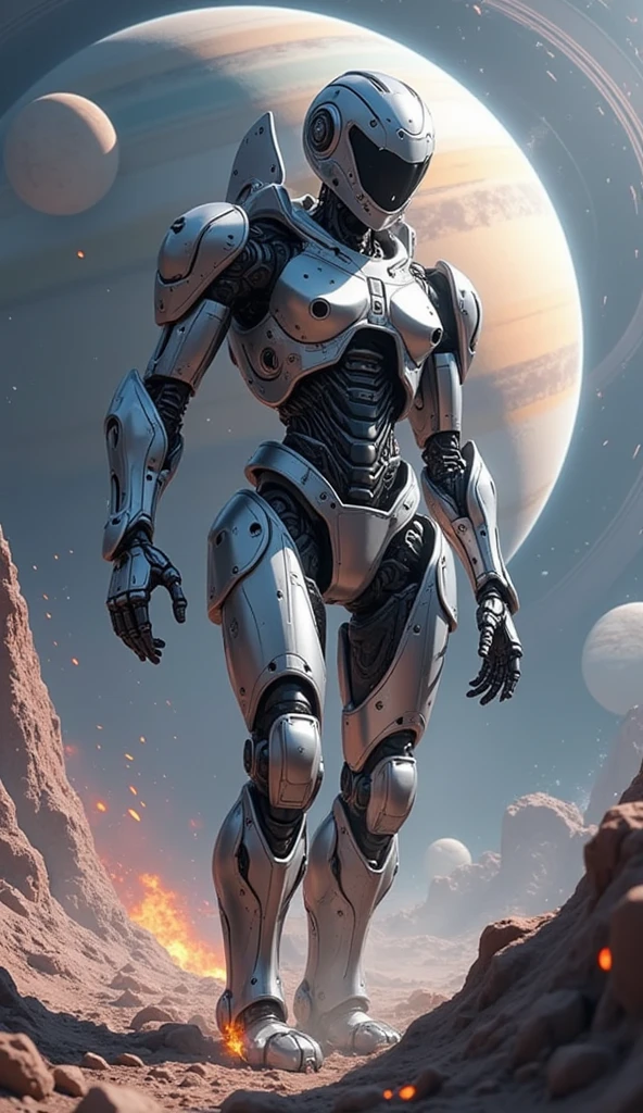 how a humanoid robot was injured in battle, universe, Saturn, cool face, best quality,4K,8K,high resolution,masterpiece,ultra-detailed,realistic,photorealistic,photo-realistic,HDR,UHD,studio lighting,ultra-fine painting,sharp focus,physically-based rendering,extreme detail description,professional,vivid colors,bokeh,robot art,cyberpunk,dark vibes,Lighting Effects,detailed 3d rendering