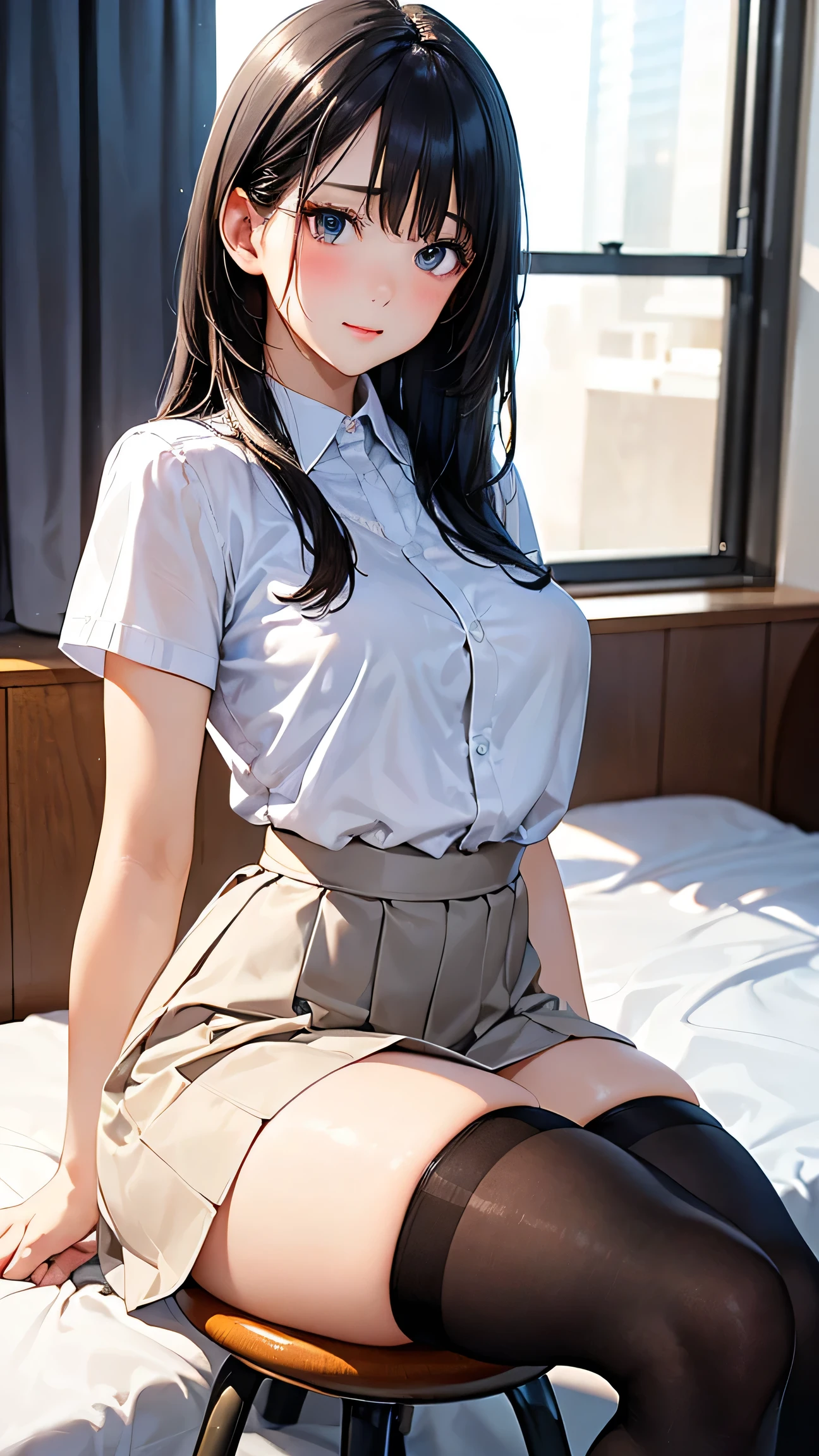 ((beautiful anime eyes with fine detail)), realistic skin, (intricate details), best lighting, depth field, ((ultra high resolution, high res)), {highres}, {{very fine 8KCG wallpapers}}, {{very precise detailed}}, ((((masterpiece)))),nsfw, 1girl,teenager, (Blushing expression:1.4), smile, open mouth,in heat, ((japanese uniform)), (shirt lift myself:1.7), ((showing nipples)), ((uniform miniskirt)),tie,black socks,sit down, (panty shot:1.3), slender, (flat chest), (mirror,smartphone,selfie)