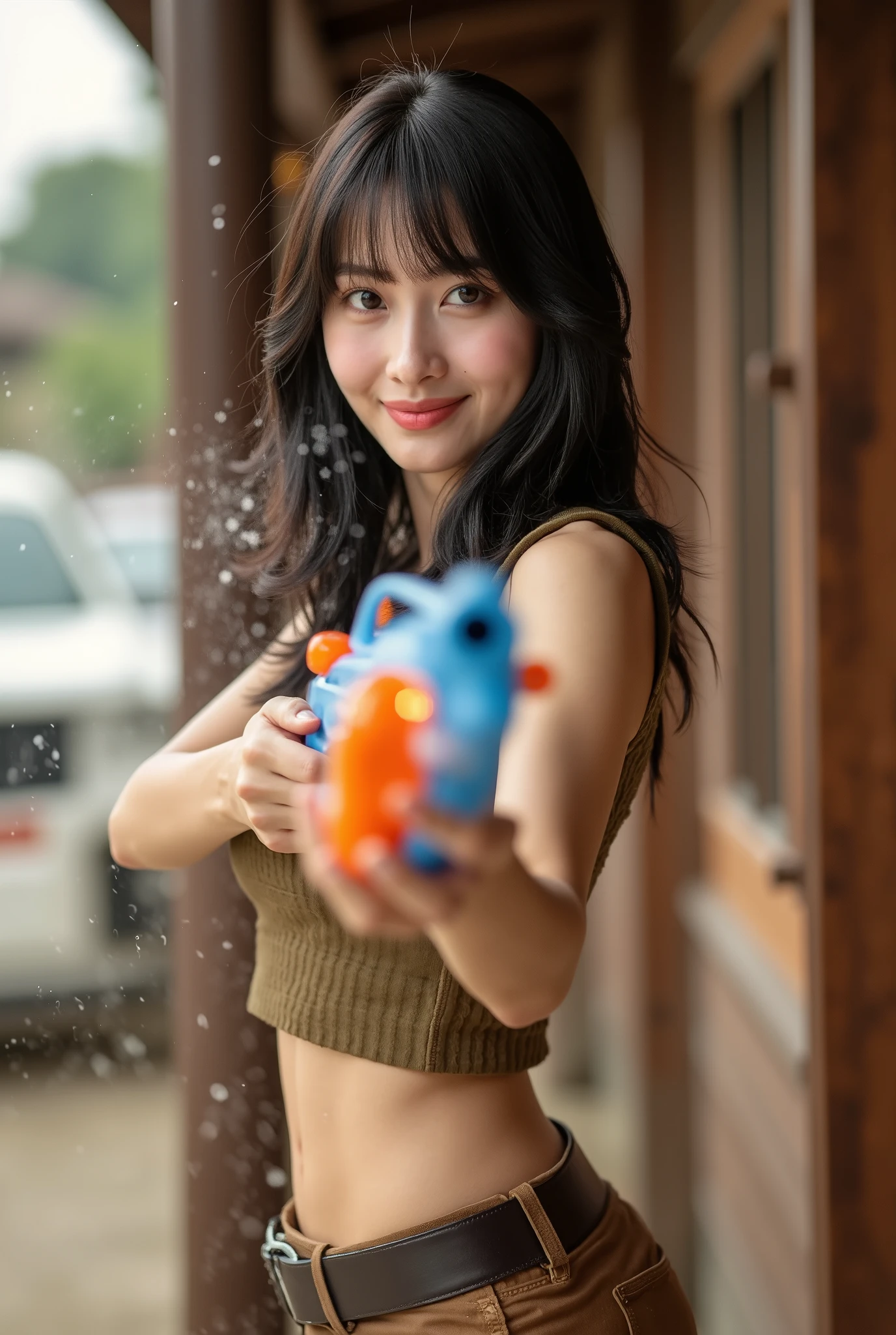 Create a portrait of a stunning Japanese female singer with a slender figure, medium bust, and slim legs. She has medium-length hair and is dressed in a Western sheriff's outfit. Capture her smiling as she playfully shoots a toy water gun with both hands, with water splashing out, set against a Western movie backdrop.