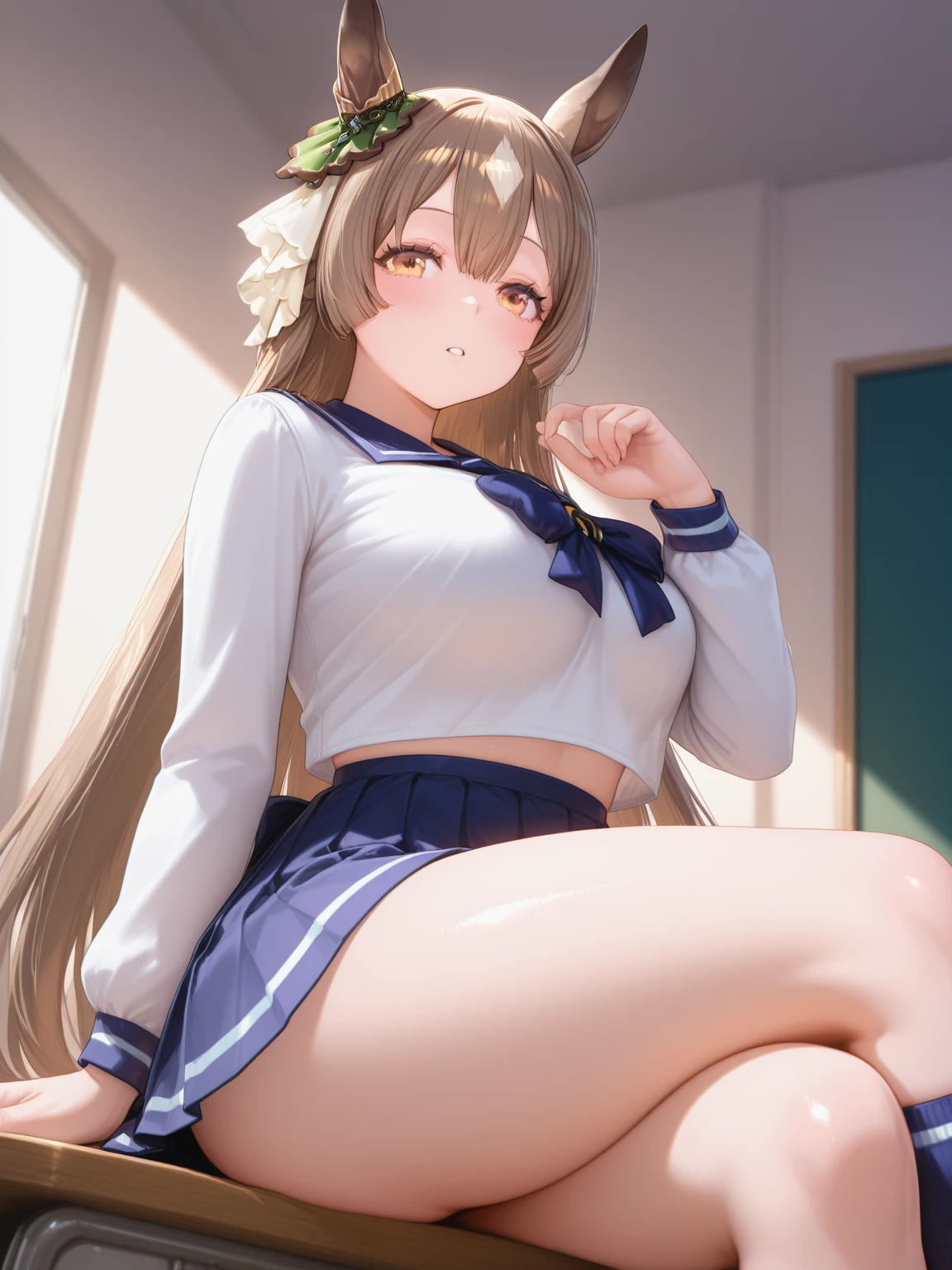 ((masterpiece, best quality)),high resolution, ultra detailed,8k,16k, detailed background, perfect lighting,detailed beautiful eyes,1girl,solo,nsfw,embarrassed,blush,look at viewer,steam,sweat, bottomless,fisheye lens,(from below:1.1),pussy focus
standing,(show off pussy,cowboy shot,from front,skirt lift:1.3),wavy mouth,open mouth,in heat,fair skin,small breast,(slender,short body,narrow sholders,short stature:1.3),classroom,sanae dekomori,long hair,gold hair,twintail,blue eyes,short bangs,white shirt,red miniskirt