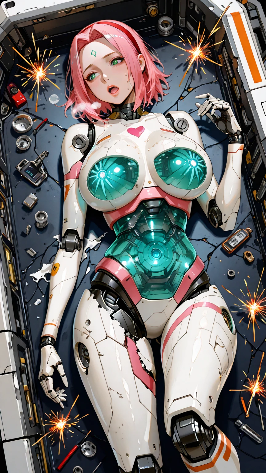 ((Full body):1.5), Only one ((woman+cyborg):1.2), with black mecha clothing with white parts, extremely tight on the body, ((extremely large and hard breasts):1.2), she has ( short mohawk pink hair and blue eyes):1.2), ((blood all over body)1.2), doing erotic pose, looking at viewer, little smile, she is in a futuristic headquarters with ((5 robots+red+dinosaurs with parts in black)1;2) behind her looking at her.