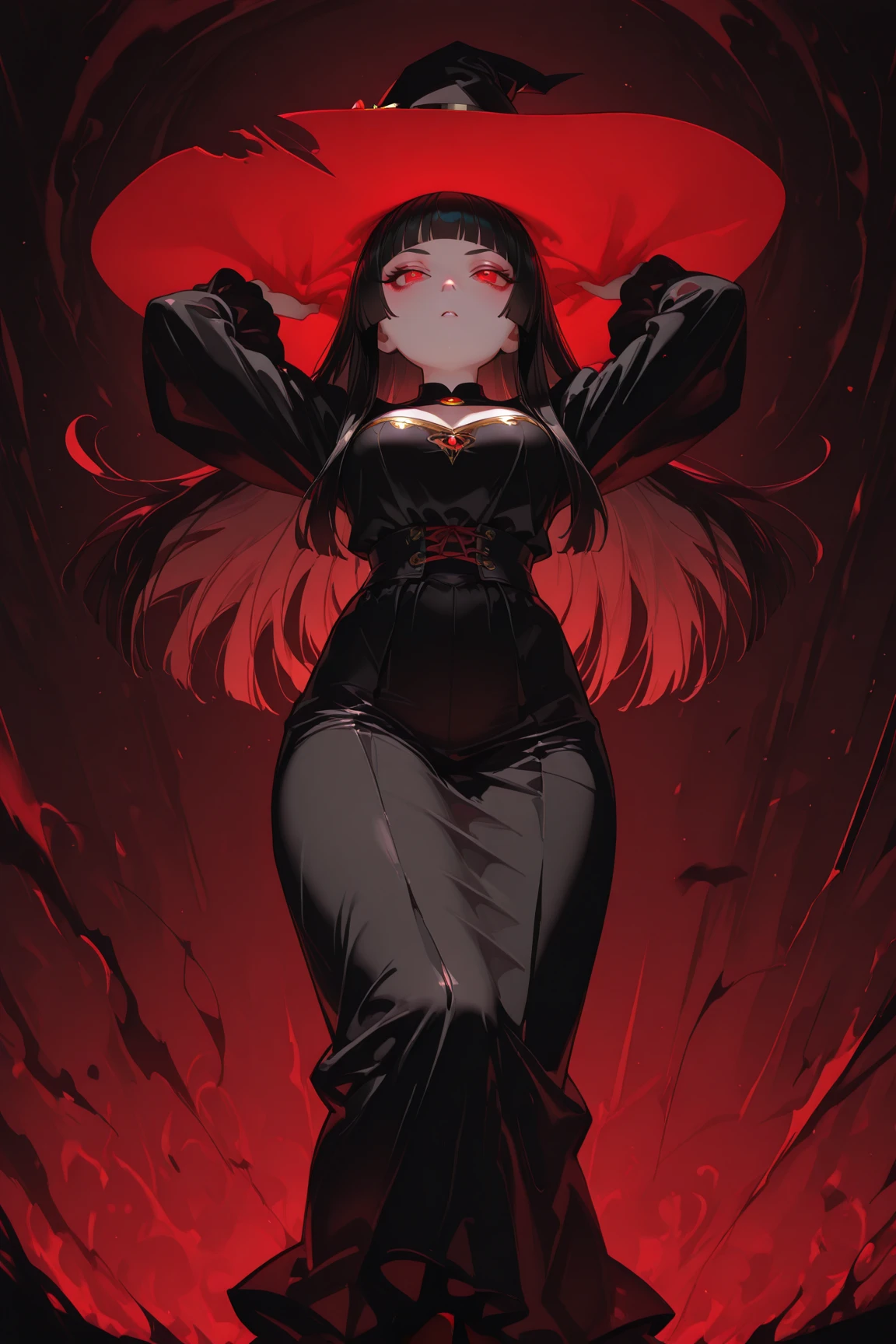 (Hauntingly Beautiful) Anime-Style Illustration featuring a Mysterious Black-Haired Woman enshrouded in flames. The slender figure, adorned with a long black hair and scapular, stands solo, surrounded by intricate and detailed fire that engulfs the scene. In the center, a decaying skull, glistening with a metallic sheen and dripping with red liquid, threatens to consume the woman. The red liquid flows gracefully down her body, coating it in a sinister yet captivating way. Her eyes are closed, revealing an eerie smile on her face, as if she is embracing her surroundings. This high-resolution illustration