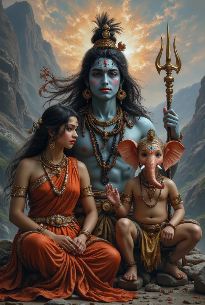Create a detailed image of Lord Ganesha with his parents, Parvati and Lord Shiva, in a serene and traditional setting. The image should feature only these three figures. Lord Ganesha should be depicted as a young boy with an elephant head, wearing a dhoti, and holding a modak in one hand. Parvati, his mother, should be shown in a loving and protective stance, dressed in a traditional sari with delicate jewelry. Lord Shiva should be portrayed with a calm and powerful expression, holding a trident, with a snake coiled around his neck. The background should be simple, emphasizing the divine connection between the three, perhaps with subtle hints of a mountain or a forest setting."