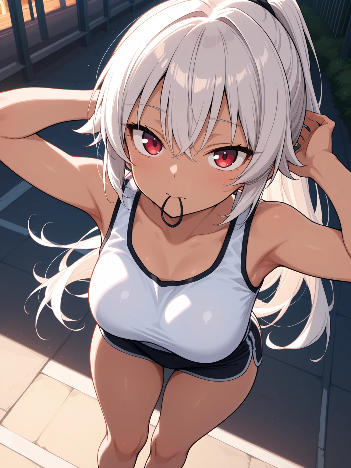 naked, underpants, pumped body, white hair, bunny ears, red eyes, angry face, wet skin, tanned skin, shop, sun, woman, solo, Bottom view