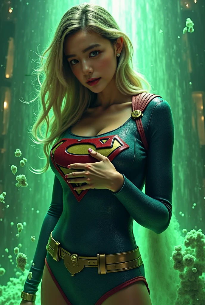 Epic realistic image depicting 1996 blonde beauty Supergirl with shoulder-length blonde hair wearing her iconic costume with red 'S' on a yellow diamond and blue skirt. Large breasts, full figure, perfect female figure. Supergirl lies on the ground, moaning in pain, as villains place pieces of glowing green kryptonite, the only substance which can hurt her, around her. She writhes helplessly in agony as one villain places a chunk of kryptonite on her body!