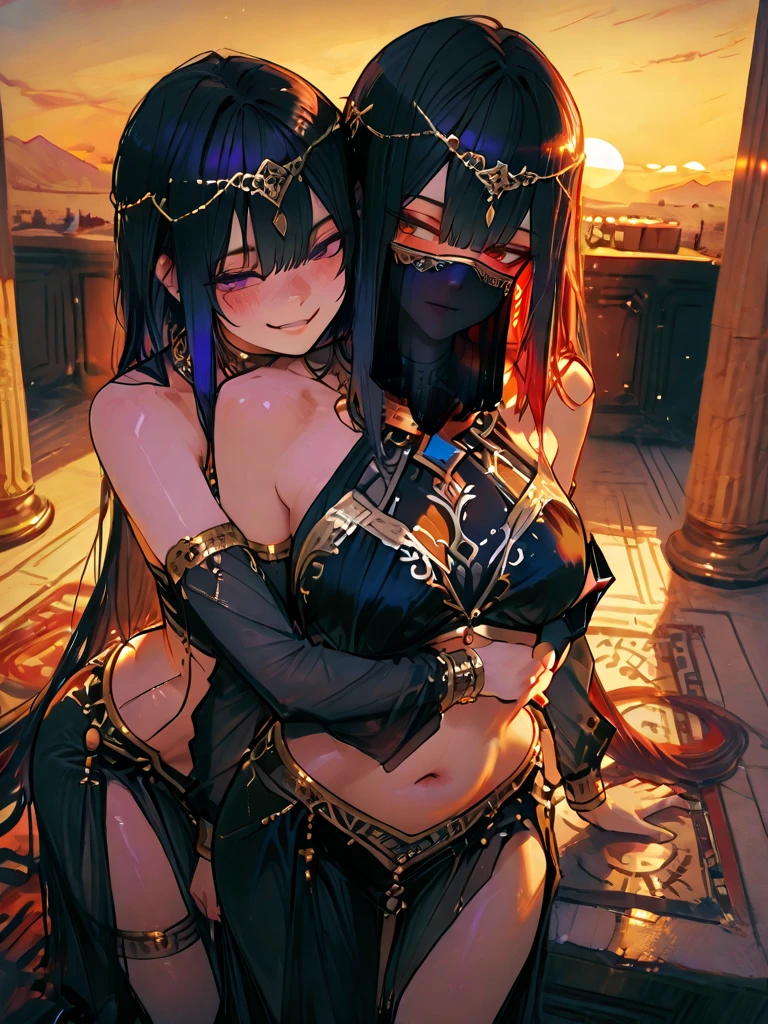 En la imagen se observan dos personajes femeninos de estilo anime, both with a sensual and exotic appearance. The two girls are dressed in revealing outfits that appear to be of Arabic or Egyptian inspiration., compuestos por telas ligeras y accesorios dorados.
La chica a la izquierda tiene el cabello largo y rubio, sujeto con un lazo azul. Sus ojos son de colores diferentes: uno azul y otro rosa, which adds a unique touch to your appearance. She wears a translucent blue veil that covers her mouth and part of her nose.. Su traje es de color azul claro, con detalles dorados y una piedra preciosa azul en el centro del pecho.
The girl on the right has darker skin and long black hair., also decorated with a veil, but purple. Sus ojos son dorados, lo que contrasta intensamente con su tono de piel. She also wears a revealing black outfit with gold details., complemented with a purple gemstone.
Ambas chicas tienen figuras voluptuosas, con bustos prominentes y cinturas estrechas, which stands out more due to the tight and scanty clothing. The gold details on their outfits and accessories add an air of luxury and mystery. Besides, They have symbols and patterns on their skin that could indicate some type of mysticism or magic.
The composition of the image and the colors used create a striking and sensual atmosphere, highlighting the exotic and mysterious beauty of the characters. sexy pose, (NSFW), anime, anime screencap, gigantic breasts, huge breasts, woman wearing full bodystocking, necromancer, raven, MILF, (very large breast), milf, (mature female), gloves, earrings, navel focus, capes, Elegant body, curvaceous but thin, the woman have beautiful detailed eyes, detailed textures, otherworldly ruins, fantasy, RPG, Dark atmosphere, extreme shading, masterpiece, best quality, milf, mature female, milfication, The armor covers her breasts and abdomen, ultra mega hyper ultra mega hyper ultra mega super big and beastly huge breasts. (((Both naked)))