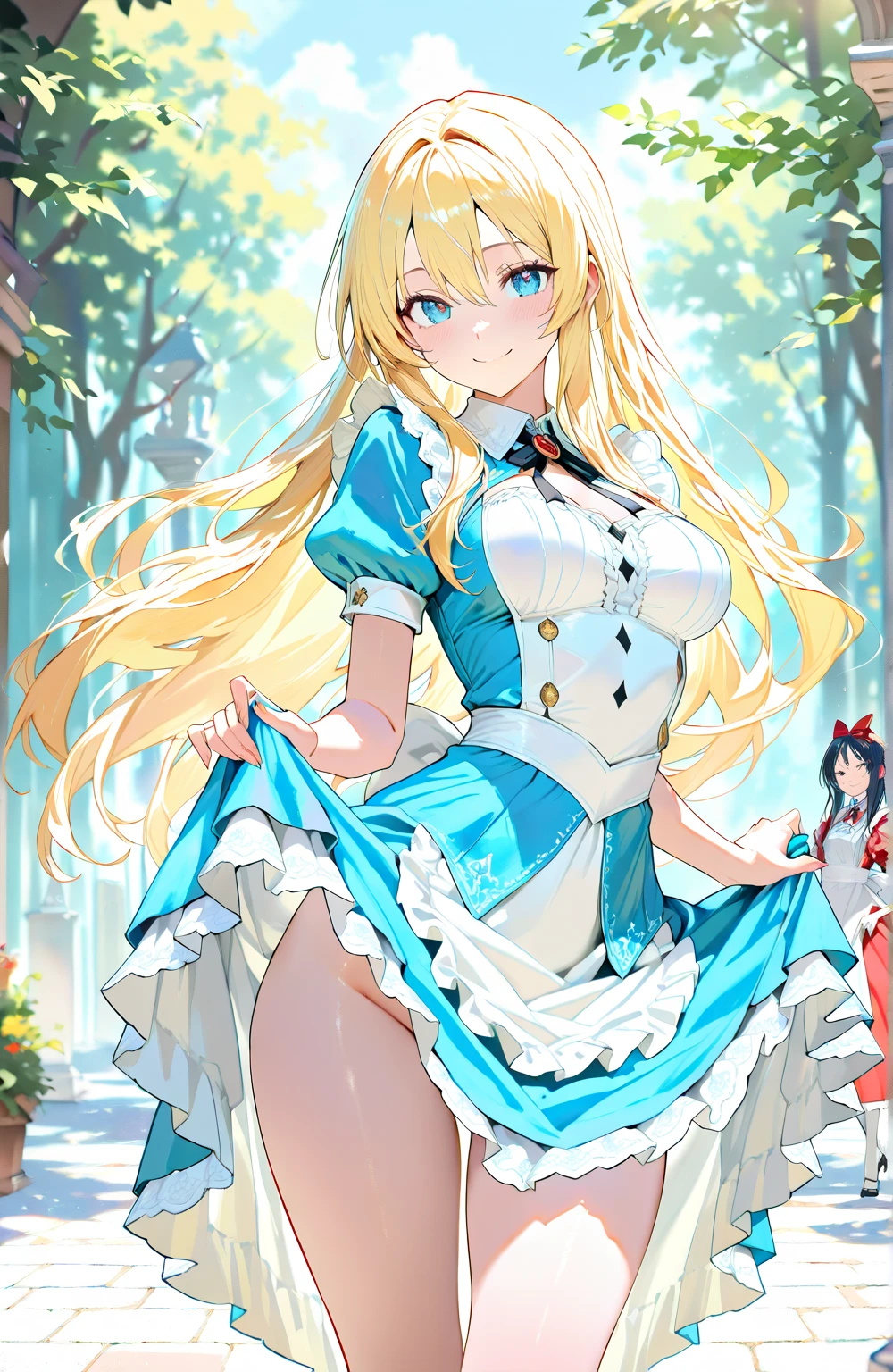 masterpiece, Highest quality, 4K, Super Resolution, One girl, Blonde long hair, Blue Eyes, Sexy blue mini dress with white lace apron, Lift up the hem of your skirt with both hands,Pull up your skirt, White gorgeous panties, Flower Field