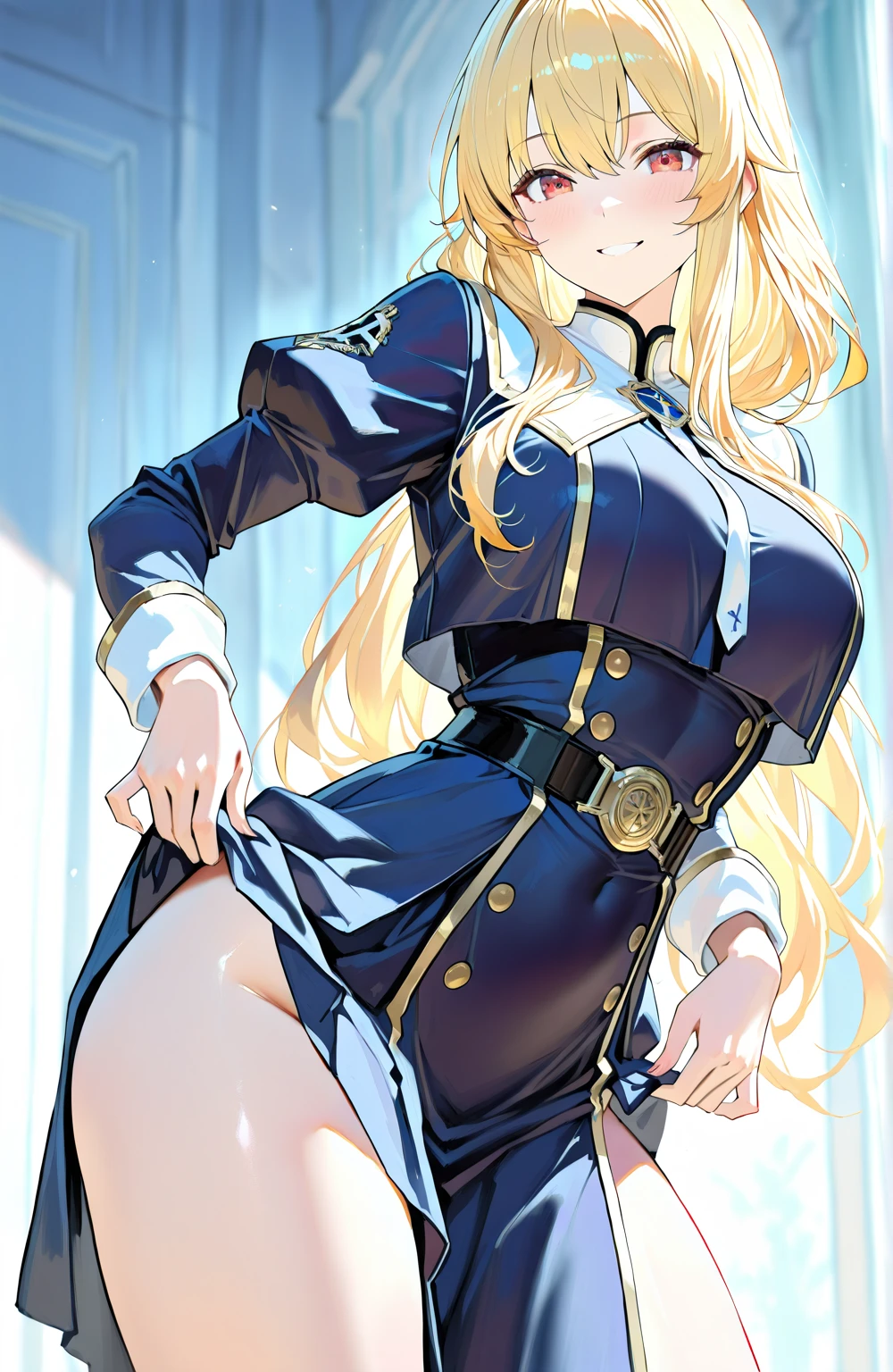 (((Stretch your legs and rotate your hips)))、((Shiny underwear)))、Uniform Blazer、Beautiful beauty、Long golden hair、((whole body))、(((Photo taken from below)))、school gate、Large Breastini skirt、Panties are blue lace、Japanese、expensive、Long limbs