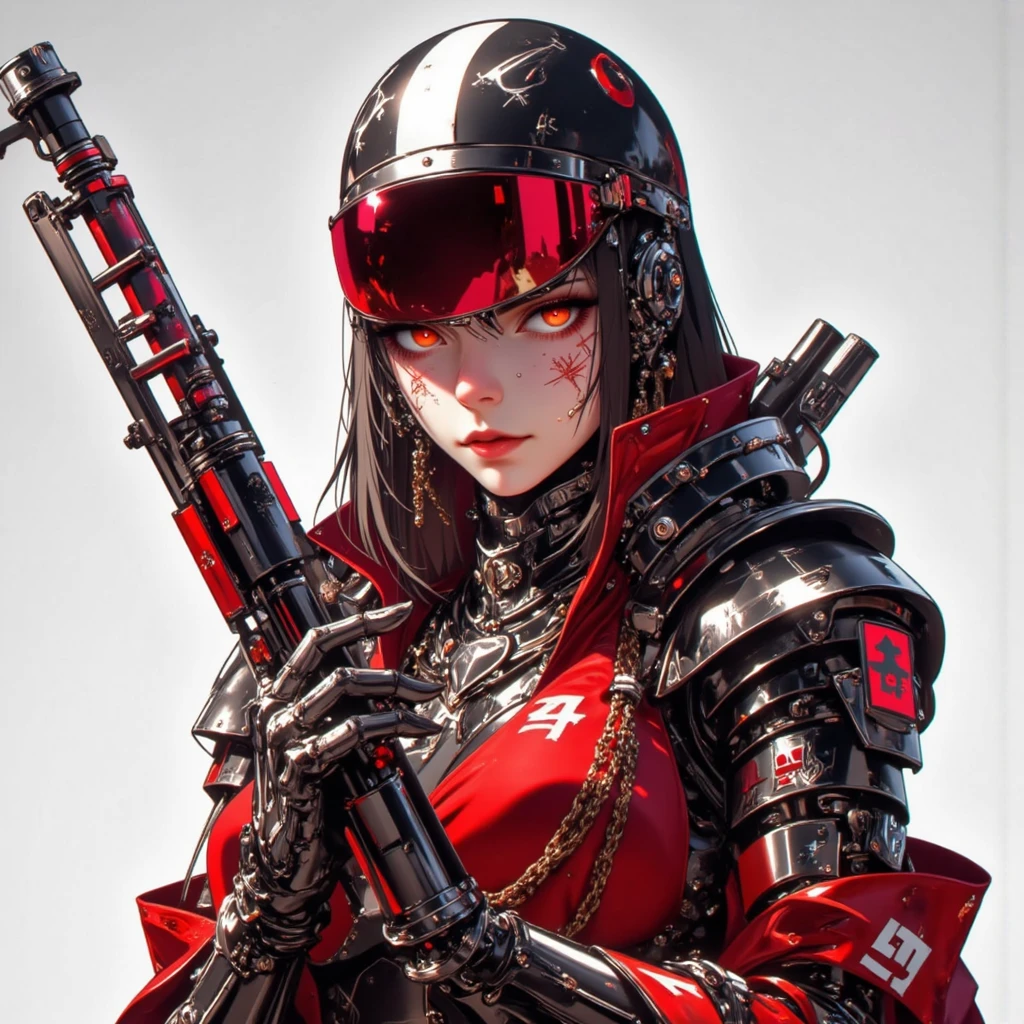 This is a hyper-detail、Ultra-high facial detail,High resolution and top quality CG Unity 8k wallpaper,Photorealistic, high resolution, Solo, Hips up,The style is cyberpunk,Mainly black and red。In the picture, A tall beautiful girl appears,pelo rojo corto,s delicate face,Wearing a steam mech,standing on ruins,The action of a woman holding a heavy sniper rifle in her hand