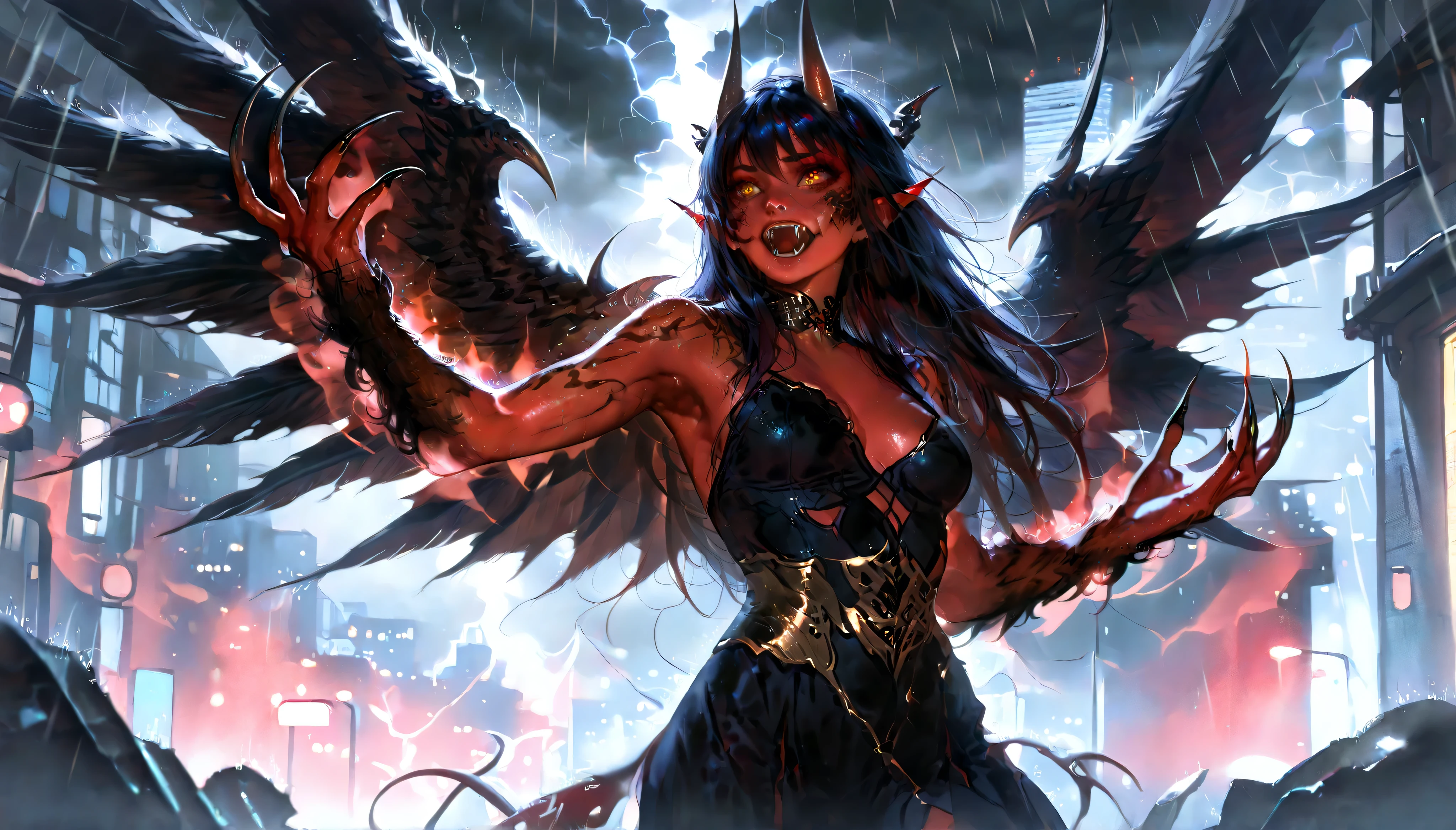 Lisa Ann as a hyper-giant, Hyper-powerful demon with a demon horn on its head and demon wings, and throws purple lightning bolts at a building, ville en ruine post apocalyptique,
