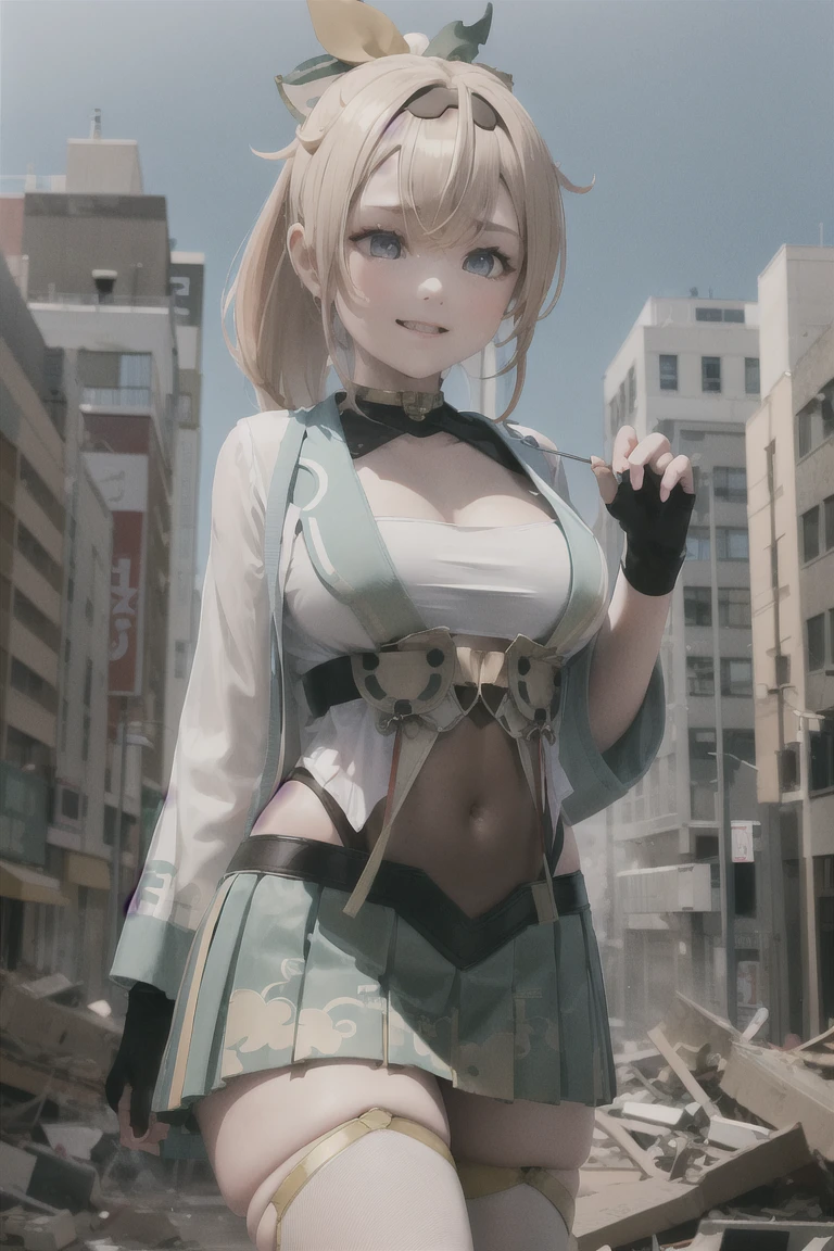 masterpiece, Highest Quality, high res, 1 girl, Kazama Iroha, gold髪, fingerless gloves, gloves, Exposing, thigh high socks, Japanese Clothes, white thigh high socks, skirt for ears, Uri, black gloves, headband, bungs, sheathed, pleated skirt for ears, ponytail, chest Exposing, chest, sheath, blue eyes, hair between eyes, black headband, hair ornament, leaf hair ornament, long sleeve, exposed navel, miniskirt for ears, large chest, upper body, Outdoors,masterpiece , Highest Quality , high res , 1 girl on break day , Kazama Iroha , gold , fingerless gloves , gloves , Expose , thigh-length socks , object , white thigh-length socks , 耳のためのskirt for ears , Uri , black gloves , headband , Bangs , sheathed , pleated 耳のためのskirt for ears , ponytail , chest Expose , chest , sheath , blue eyes , hair between eyebrows , black headband , hair ornament , leaf hair ornament , long sleeve , exposed navel , mini耳のためのskirt for ears , large chest , cowboy shot wearing white judo uniform , smile , Outdoors , City buildings in the background、The building in the foreground、 Collapsed City、rubble miniature metropolis、 A girl taller than a building 、let's crush the proposal、with a city building in the background、The building in the foreground、 Collapsed City、rubble , Giant Art、surreal and extremely detailed giant shot、girl taller than the building、the ground underfoot is cracked 。 162 kilometers high 。
