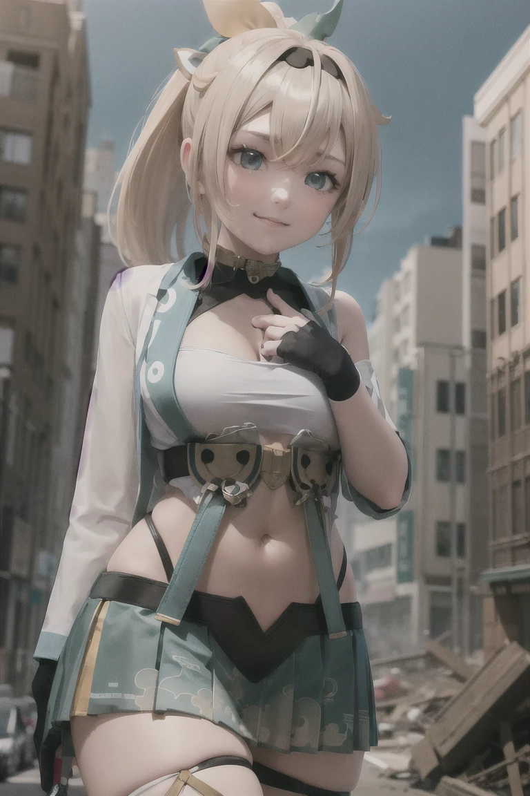 masterpiece, Highest Quality, high res, 1 girl, Kazama Iroha, gold髪, fingerless gloves, gloves, Exposing, thigh high socks, Japanese Clothes, white thigh high socks, skirt for ears, Uri, black gloves, headband, bungs, sheathed, pleated skirt for ears, ponytail, chest Exposing, chest, sheath, blue eyes, hair between eyes, black headband, hair ornament, leaf hair ornament, long sleeve, exposed navel, miniskirt for ears, large chest, upper body, Outdoors,masterpiece , Highest Quality , high res , 1 girl on break day , Kazama Iroha , gold , fingerless gloves , gloves , Expose , thigh-length socks , object , white thigh-length socks , 耳のためのskirt for ears , Uri , black gloves , headband , Bangs , sheathed , pleated 耳のためのskirt for ears , ponytail , chest Expose , chest , sheath , blue eyes , hair between eyebrows , black headband , hair ornament , leaf hair ornament , long sleeve , exposed navel , mini耳のためのskirt for ears , large chest , cowboy shot wearing white judo uniform , smile , Outdoors , City buildings in the background、The building in the foreground、 Collapsed City、rubble miniature metropolis、 A girl taller than a building 、let's crush the proposal、with a city building in the background、The building in the foreground、 Collapsed City、rubble , Giant Art、surreal and extremely detailed giant shot、girl taller than the building、the ground underfoot is cracked 。 162 kilometers high 。