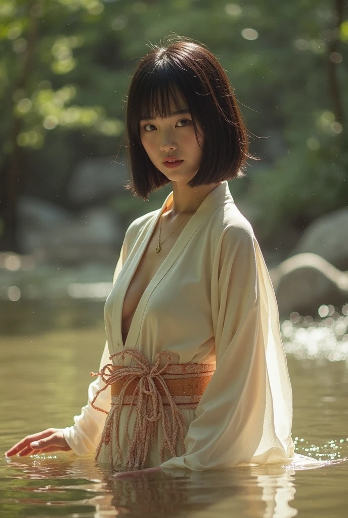 Top Quality, Masterpiece, High Resolution, 8k, (((cute barely legal girl in oversized Spa Wrap Top and pants, random color, wide neckline, deep neckline, small perky breasts, beautiful detailed eyes, beautiful detailed lips, small closed mouth, extremely detailed face, long pixie asymmetrical hair style, small hips))), (((japanese onsen, wet and steamy atmosphere, intricate details, at night, backlit, full body shot, view from distance)))