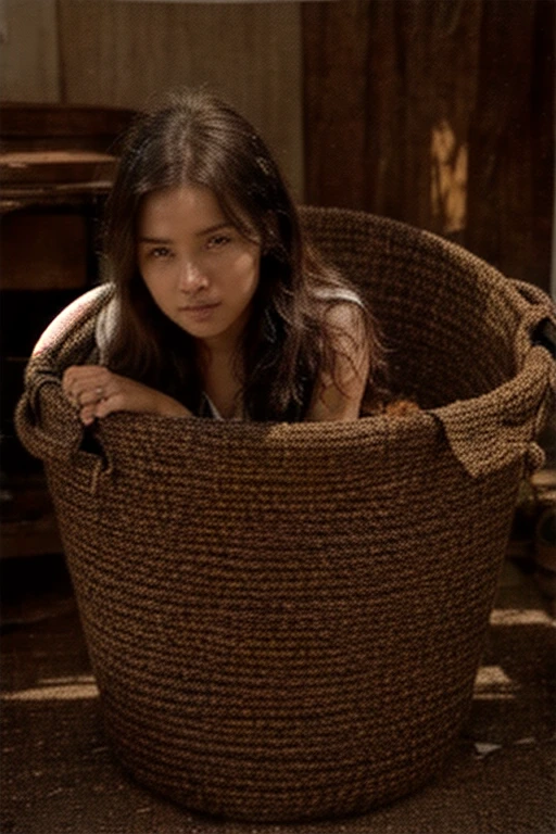 Two small native woven matts on the road. One matt is rolled up. The other matt is wrapping around a female human with having a fear expression.