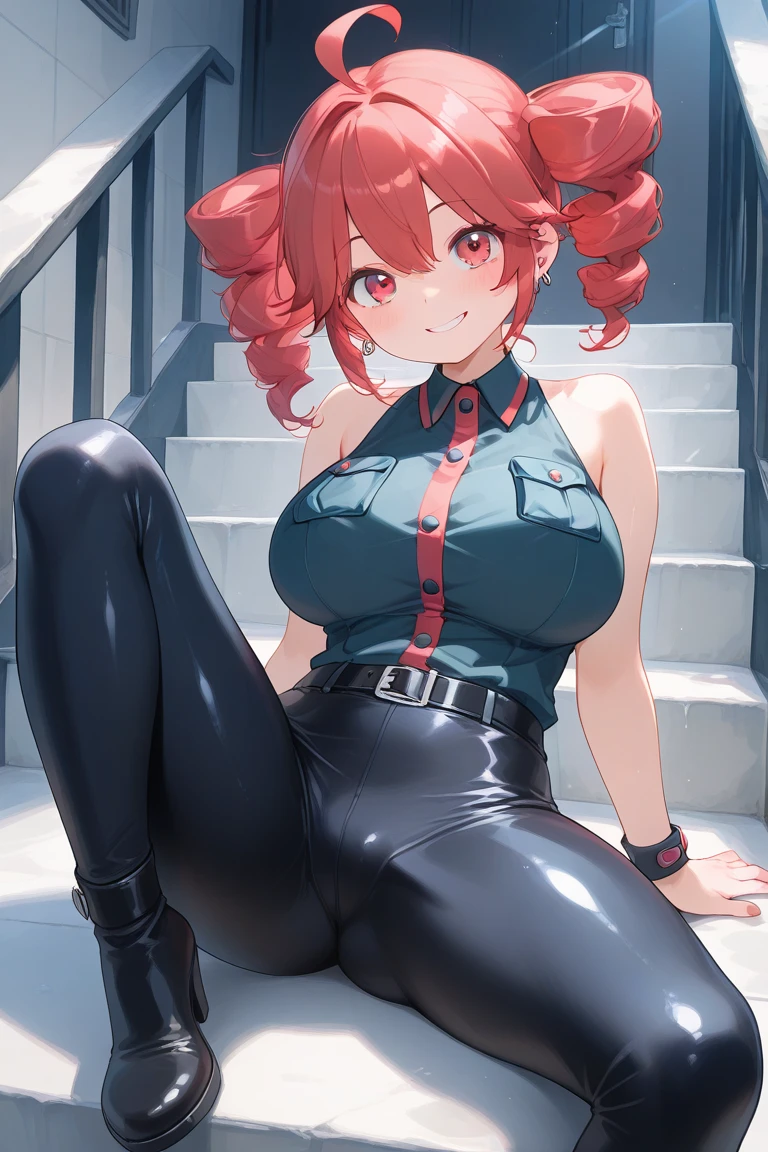 1 girl, collar, Athletic body, wet pussy, curvy, small breasts, naked, green eyes, pinkish-red hair, long hair, flushed face, emberassed, full body, legs apart, knees apart, squatting, both hands behind her head, feets on the ground,