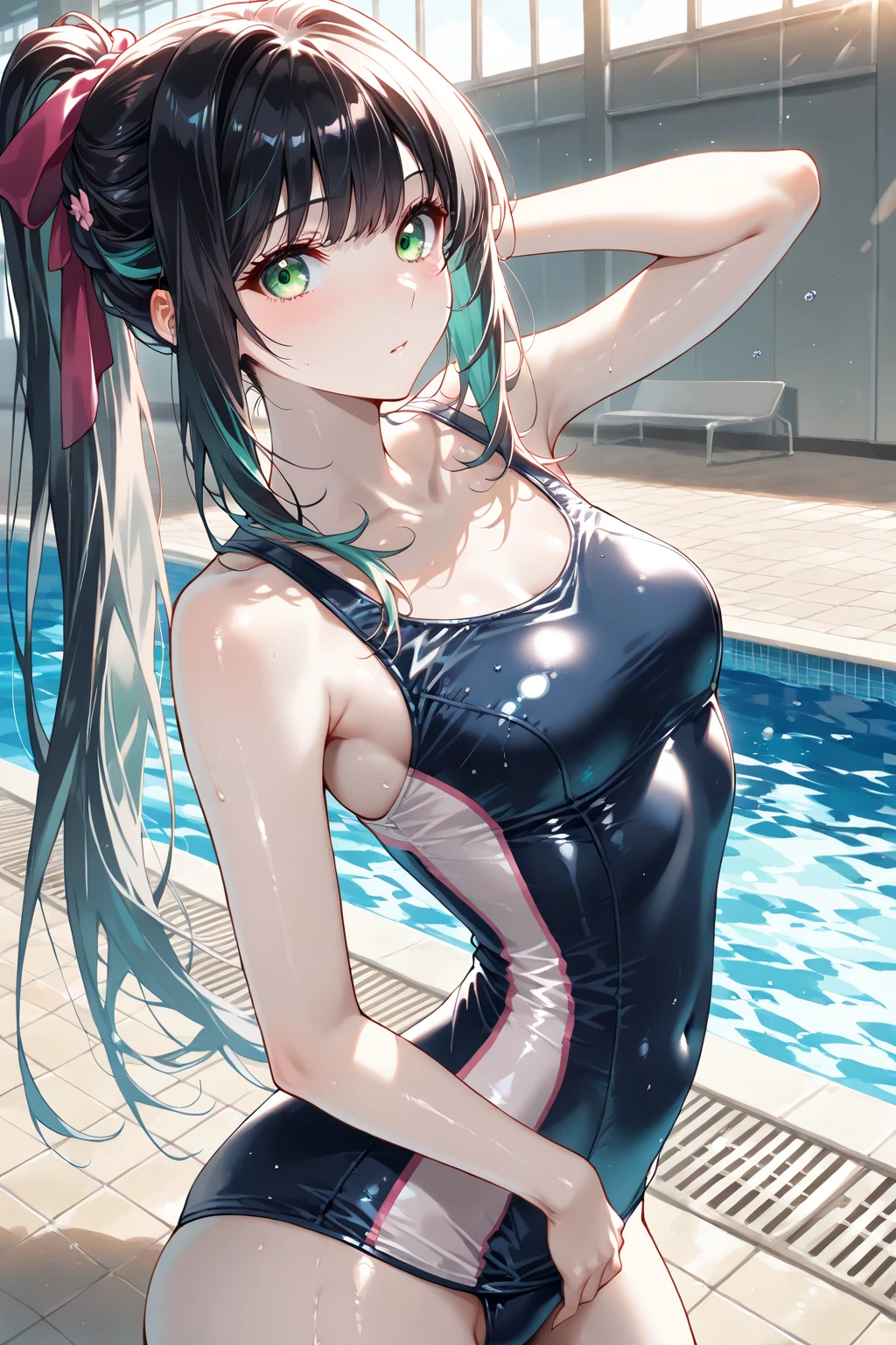 Green Hair，Green Eyes，Cat ears，girl，Girl，Small breasts，Long Hair，straight，Lolita，Small breasts，Bright smile，Looks like 13 years old，Petan Musume，short，目のhighlight，Sexy thighs，Wear a school swimsuit，Please show me your armpits，Your eyes are so beautiful，highlight，とても美しいhighlight，Pool，Poolの背景