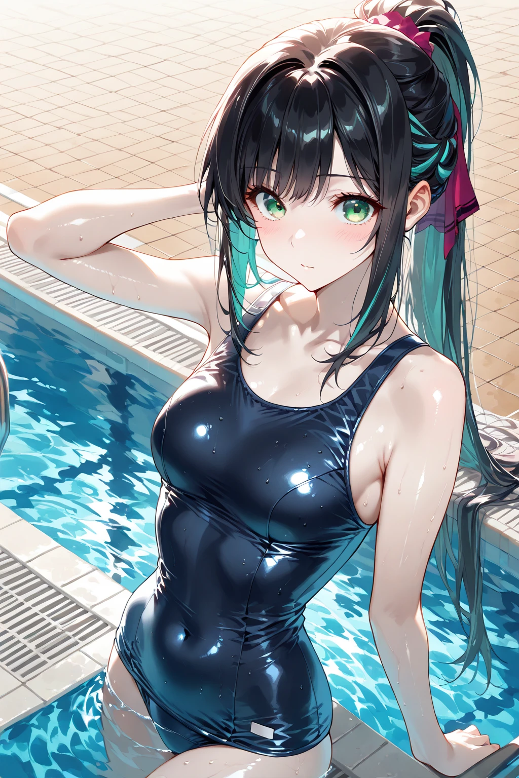 Highest quality、High resolution、Detailed Background、(Beautiful face in every detail:1.4)、Anatomically correct、(Detailed facial expressions)、(fine grain:1.2)、Teenage Beauty、One Girl、Cute black hair、Beautiful, clear, deep blue eyes、Braided Ponytail、Braided bob cut、primary school, Junior competitive swimmer, ((Turtleneck one piece swimsuit:1.4)), (Simple design without patterns), (Clear metallic green swimsuit:1.5), (natural make up:1.5), (pink lips:1.5), (full lips:1.5), (parted_lips), (toothless smile)), Outdoor swimming pool、My hair is dancing in the strong wind、Watching the audience、Hands don't hold anything、Smiling Quietly、((Chest close-up))
