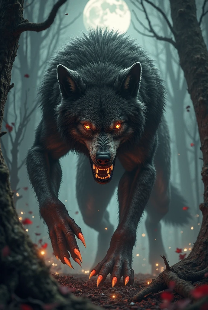 Visualize a scene in a dark medieval fantasy setting where a lycan werewolf with crimson eyes and an alien-like body is feasting in a dense bush. The bush is surrounded by bones scattered across the forest floor, remnants of previous meals.
The lycan werewolf's appearance is a blend of traditional werewolf features and alien characteristics: its fur is a mix of earthy tones and hints of otherworldly shimmer, its limbs elongated and sinewy like those of a predator from beyond the stars. Its eyes glow with an intense red hue, piercing through the shadows cast by ancient trees.
The forest itself is bathed in an eerie, moonlit glow, casting long, sinister shadows that dance around the creature as it devours its prey. The atmosphere is filled with a sense of primal savagery and ominous mystery, capturing the essence of a creature that exists at the intersection of medieval folklore and extraterrestrial menace.