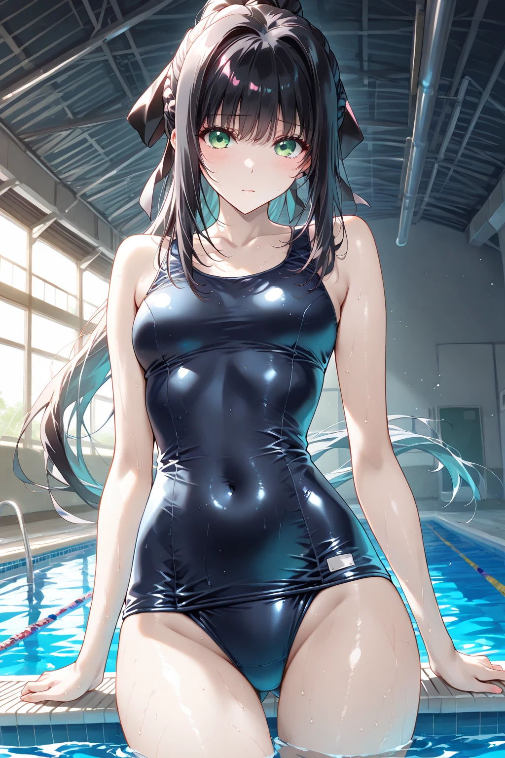 whole body, delicate facial features, medium tits, medium hair, black hair, tearful mole, earring, tracksuit, shorts, pool,