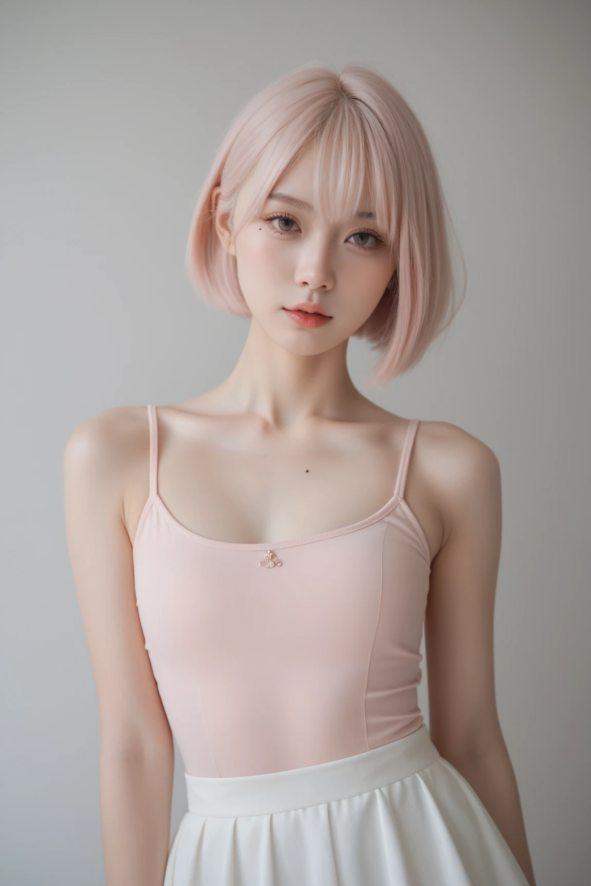 arafed woman with pink hair and a choker posing for a picture, pink hair, with pink hair, light pink hair, pink body harness, pink wispy hair, flowing pink hair, dyed hair, colored hair, pastel hair, pink vibe, bright hair, pink body, pink girl, pink halter top, bubblegum hair, long pink hair, short pink hair, medium size , white low-key transparent top, nipple pressing, brown eyes, 4K quality, texture skin