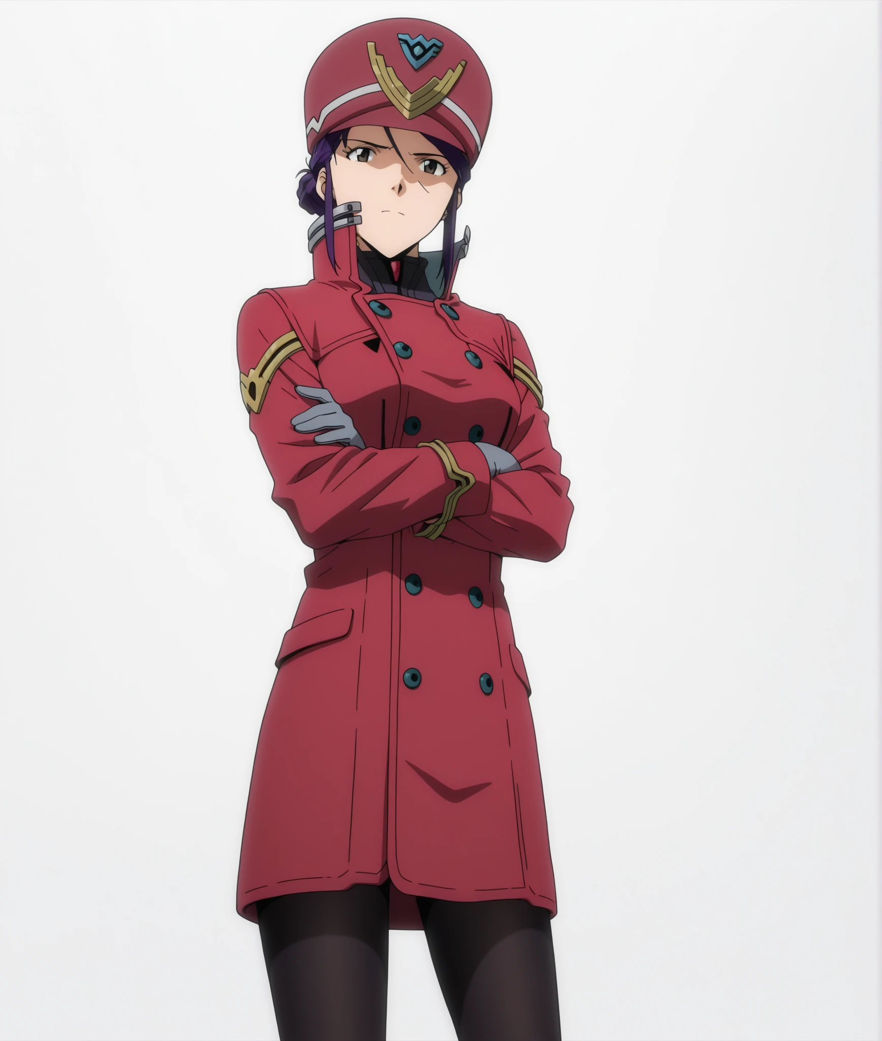 masterpiece, best quality, <lora:misato-nvwls-v1-000010:0.9> misato, black eyes, short hair, hair between eyes, hair bun, peaked cap, red coat, military uniform, black pantyhose, looking at viewer, blush
