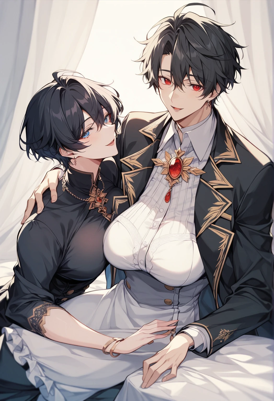 ((masterpiece, highest quality)), (One Woman), ((One boy)), ((penis)), ((penisを撫でる)), (Focus on women), (Black Hair), (Medium Hair),(pantyhose), (Black bra), (Black Long Gloves), (mature), (Devil horns), (Big Breasts), (23 years old), Smiling faintly, 
