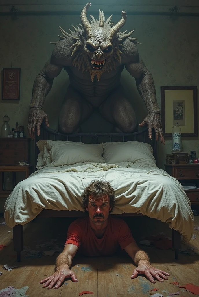 A nostalgic screengrab from a 1980s horror film directed by the surrealist mastermind David Lynch, capturing a dimly lit, eerie hotel room atmosphere; a middle-aged man with a gaunt, pale complexion, dark circles under his sunken eyes, and a disheveled, unkempt brown hairdo, stands frozen in terror, clad in a worn, crumpled white dress shirt and a pair of faded, high-waisted blue jeans, as a gigantic, hairy, mutated insect with razor-sharp mandibles and glowing, malevolent red eyes looms large in the background, its segmented exoskeleton a deep, mottled brown; the entire scene is bathed in a warm, golden light with an underlying sense of unease, evoking a sense of cinematic dread, with a prominent film grain texture that adds to the retro, analog aesthetic, as if ripped straight from a VHS tape.