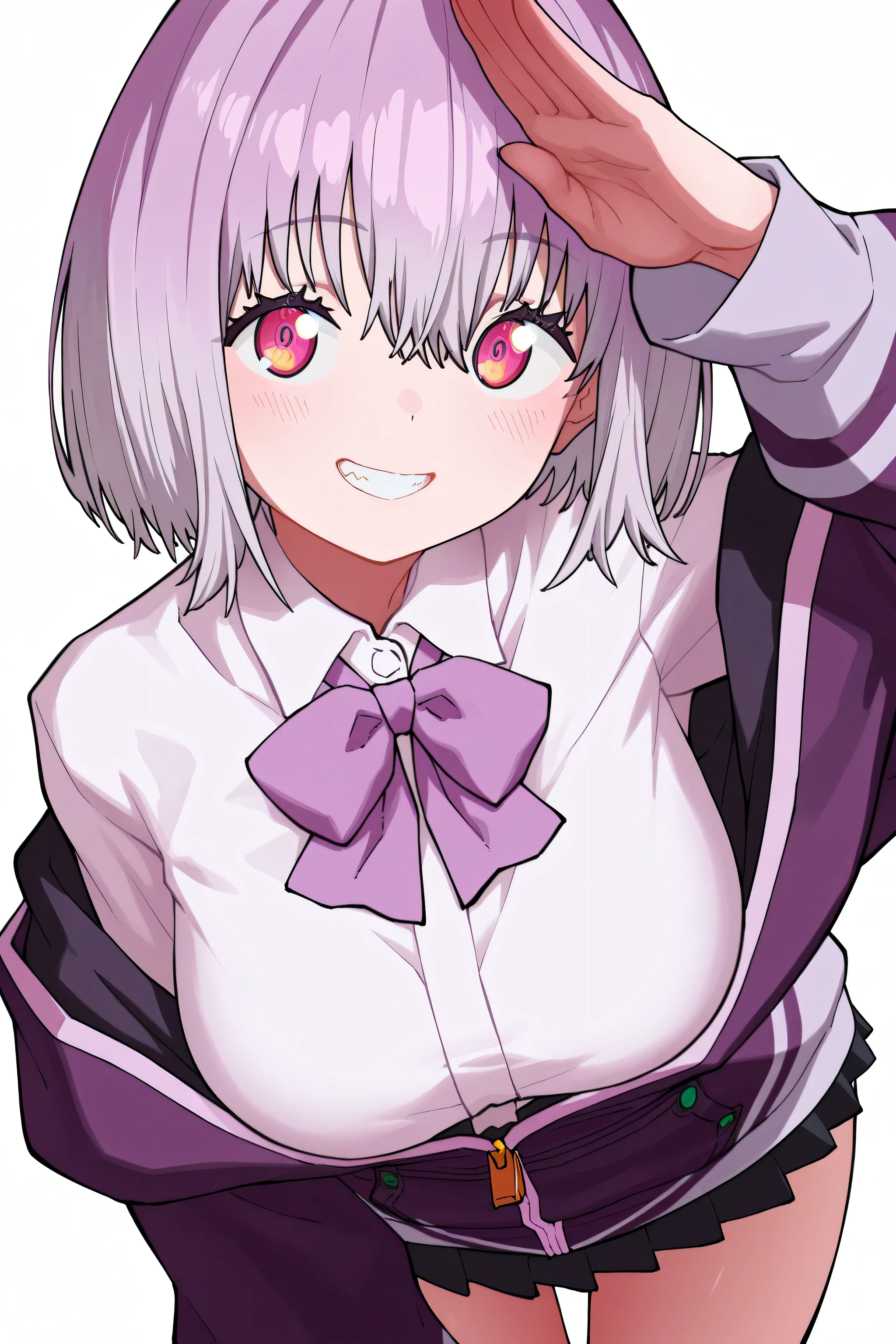 kmj-anonstyle, [artist:yoneyama mai], [artist: ekrea_jan], masterpiece,best quality,amazing quality, 748cmstyle, solo, eye focus, gridman universe, ssss.gridman, shinjou akane, 1girl, grin, hair between eyes, light blush, looking at viewer, purple bow, purple eyes, purple hair, salute, shirt, short hair, simple background, smile, off-shoulder jacket, purple jacket, partially unzipped, white shirt, purple bowtie, miniskirt, black skirt, teeth, white background, white shirt