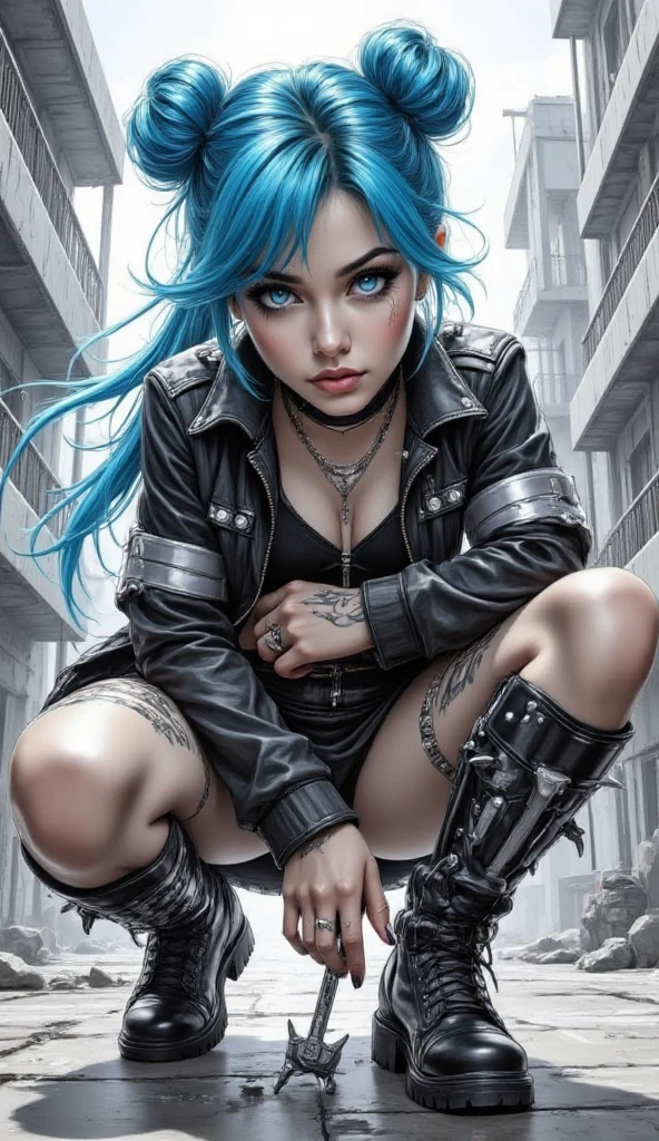 ((top-quality、8K、32K、​masterpiece、nffsw:1.3)), (superfine illustration)、(超A high resolution), (((elegant makeup))), (((1girl in))), (((long bob haircut ))), 25-year-old cyberpunk girl with a perfect body, Shoulder pads with metal spines, Gladiadores in Brooklyn, ((perfect body, )), Small leather panties, Torn shirt, Almost naked in Simon Bisley's urban savage style, short bluehair, Minimum clothing, Metal protection on the left arm with complex graphics, Dark red with white stars and blue and white stripes, s Armor, Full of tips and rivets, Poison tattoo (((From the knee up))), short dark blue hair, In the background、 There is a wall with an intricate design painted by Shepard Fairey,