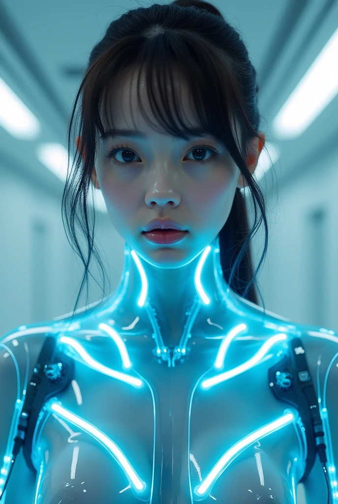 Ultra-Realistic Capture,18k,RAW Photos,Highest quality,masterpiece,reality,Very detailed,Female Android,彼女のWet body全体が見える,(((Clear skin, Transparent glass skin)), ((Clear images of electronic systems)), Detailed Brain Vision, Numerous detailed connection lines, Mechanical Limbs, Tubes connected to machine parts, Mechanical vertebrae attached to the spine, Mechanical cervical attachment to the neck,Joints are mechanical,Wires and cables connected to the head, (whiteい液体のプールの中で), cybernetics, cyber punk,Sharp focus, Hyperrealism, Very detailed, Intricate details,Small glowing LED lamp, Global Illumination, Deep Shadow, Octane Rendering, Ultra Sharp, Metal, Exquisite decorative details, Baroque details, Very useful details, reality的な光, To the camera, Neon Details, Complex body poses, A breathtakingly beautiful female humanoid cyborg android, Transparent muscles, Impressive big eyes, Delicate features, Future SF, Complex transparent mechanical parts, Numerous glowing cybernetic implants all over the body, Active Pause, Surreal, reality的, masterpiece,Cinema Lighting, Dramatic Shadows, Vibrant colors, very saturated, Neon Highlights, Glowing Energy Field, Complex Machinery, Sleek and modern, State-of-the-art technology, Advanced AI, Seamless integration of organic and mechanical elements,Portraiture,(Long hair with LEDs),Long legs,Standing on tiptoes,Wet Hair,Disheveled Hair,white,Wet body,