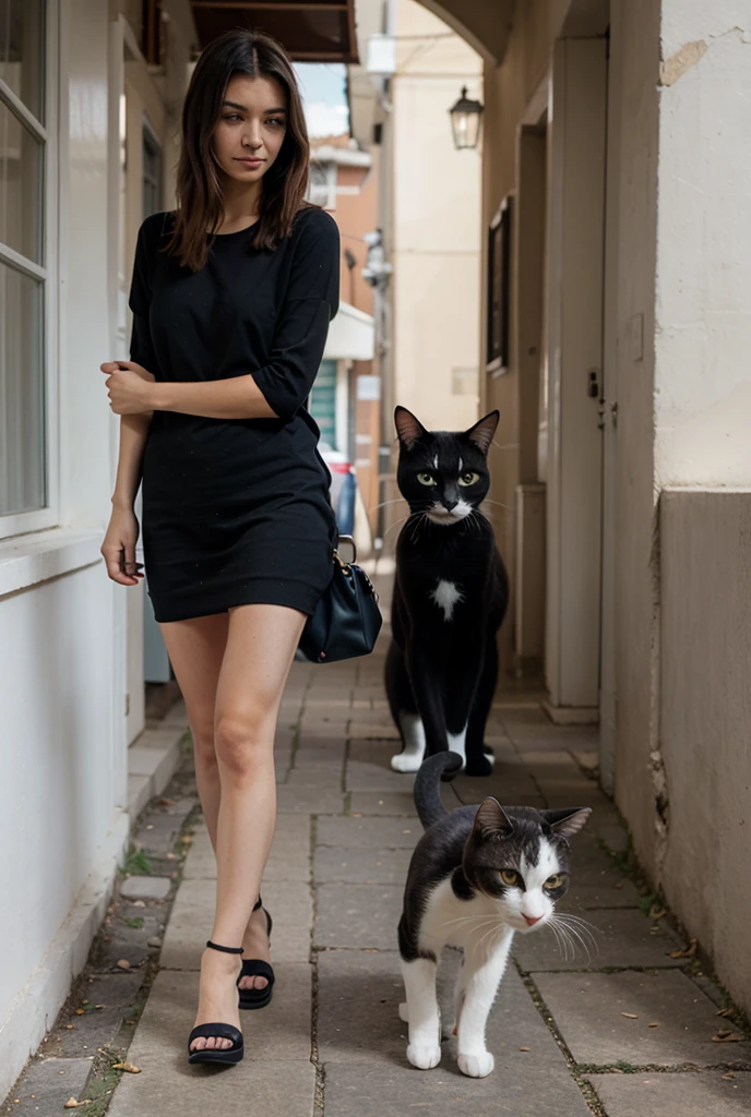 Daytime alley shot: A striking young woman, dressed in a sharp suit, short skirt, and black high heels, stands confidently with long black hair framing her face. Her bold red lips are the focal point as she gazes directly at the camera. Behind her, an enormous Maine cat, its gray and black fur standing tall like a man, exudes dominance through its piercing yellow eyes. Its fluffy locks appear almost regal, drawing attention to the unusual yet striking pairing.