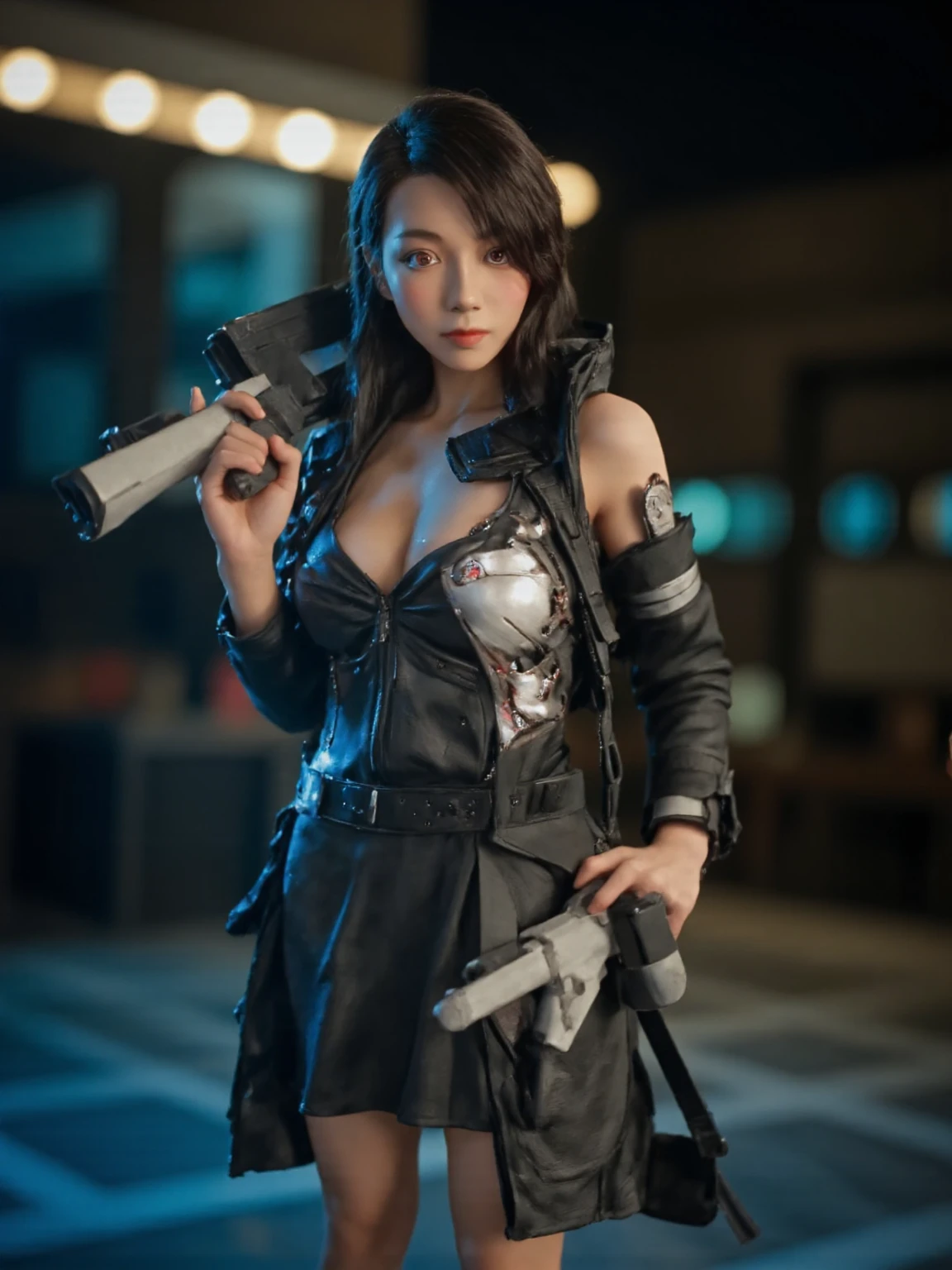 Super Detail, High Detail, high quality, best quality, High resolution,a female robot,Beautiful female robot,beautiful clear face(Rain waves_haneame:1.5),mechanical body(whole body,body curve,Large size chest),silver machine armor,high tech,Military,Raise the gun and face the camera