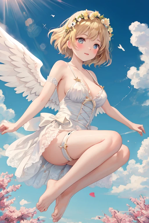 masterpiece, highest quality, Very detailed, 16k, Ultra-high resolution, , Detailed face, Perfect Fingers, Angel halo on head, Golden Eyes, blonde, short hair, Angel wings growing on your back, (naked:1.3), Above the Clouds, temple, bed, Lying on your back