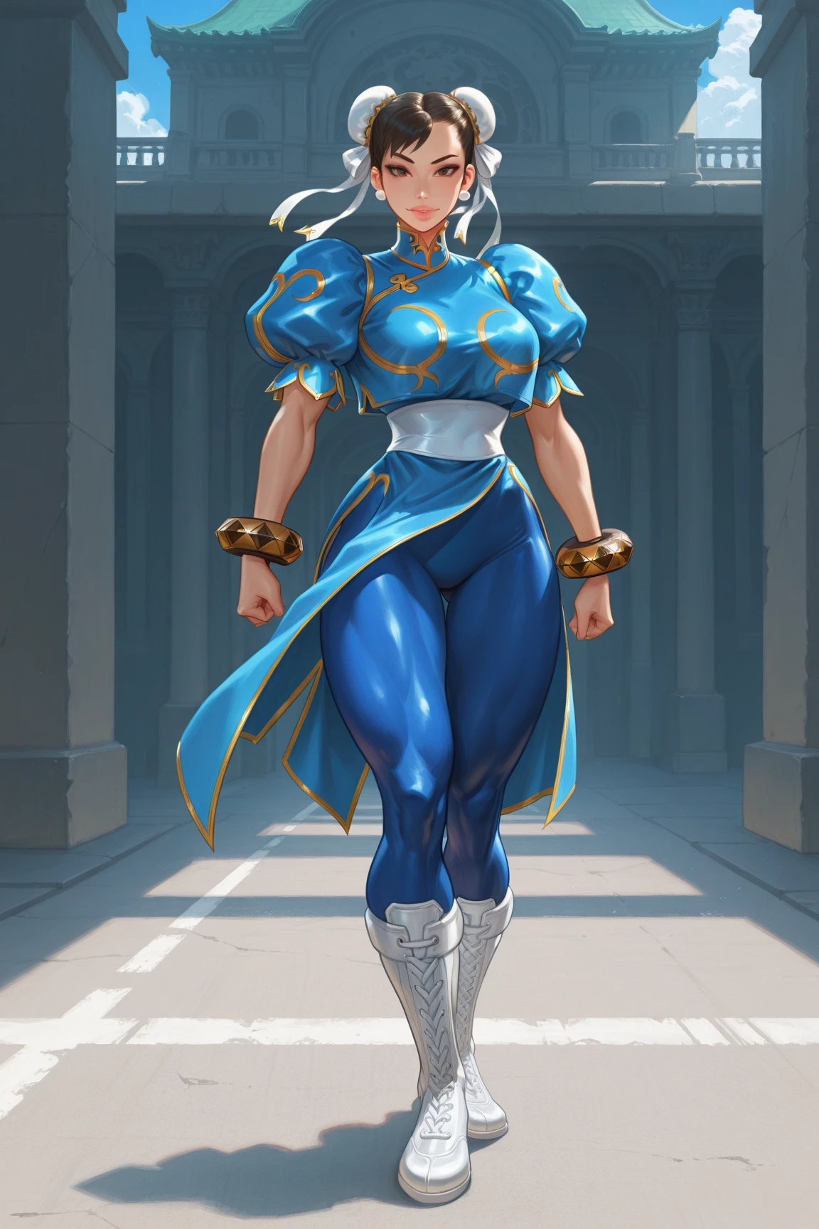 Chun-li, beautiful detailed eyes, powerful combat skills, street fighter, traditional Chinese martial artist, sitting on her knees, in a forest, surrounded by tall trees, sunlight filtering through the leaves, gentle breeze rustling the foliage, peaceful ambiance, medium:watercolor painting, ultra-detailed, realistic, vivid color palette, dynamic composition, showing her in a strong pose, flowing dark hair, vibrant blue outfit, martial arts stance, exerting strength and confidence, capturing her essence as a warrior, with a touch of elegance, capturing her determination and resilience, emphasizing her iconic lightning kick, extraordinary agility, sharp focus, masterful use of light and shadows, creating a dramatic effect, showcasing her intense fighting spirit.